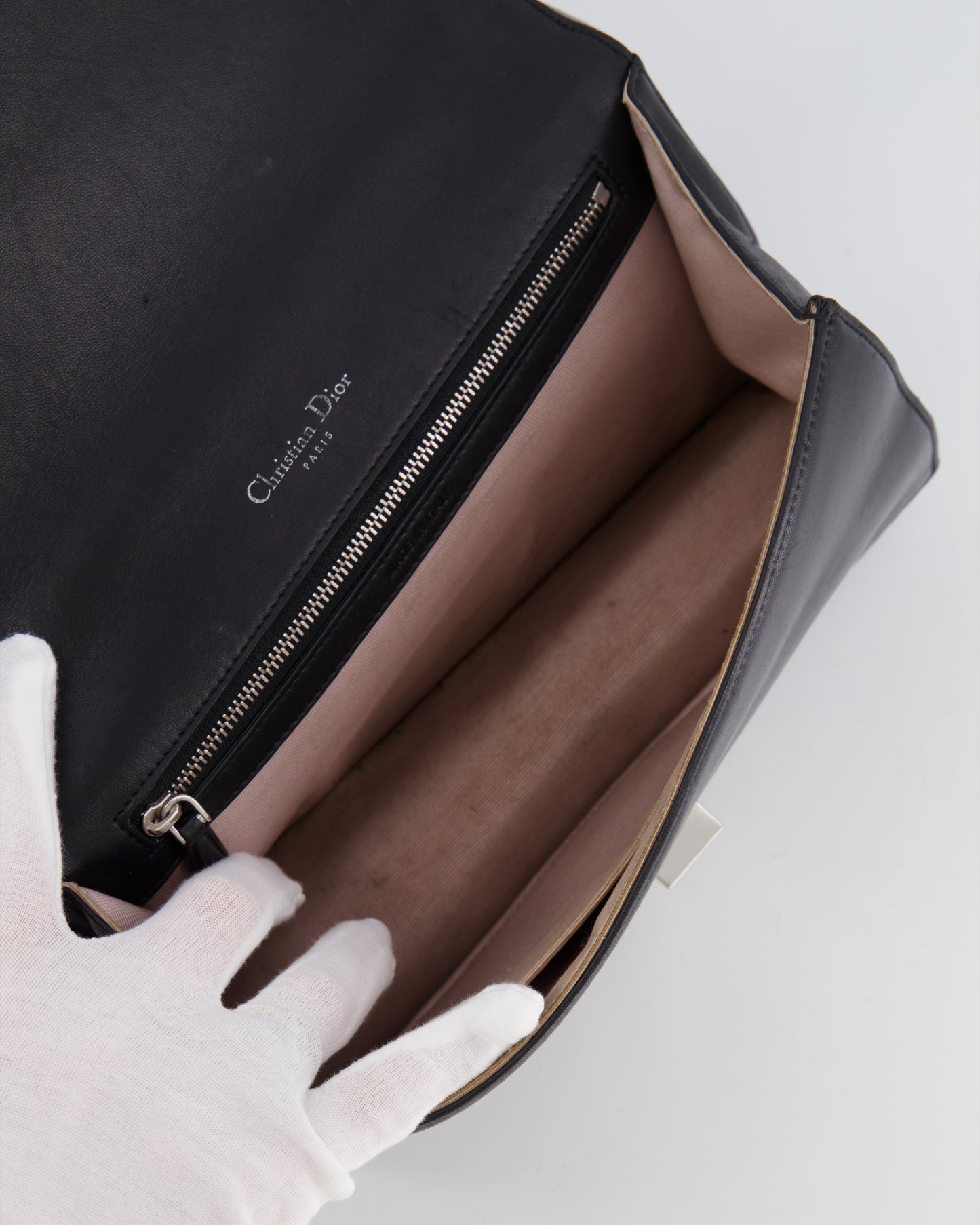 Christian Dior Black Leather Diorama Bag with Silver Hardware and Chain Strap Detail