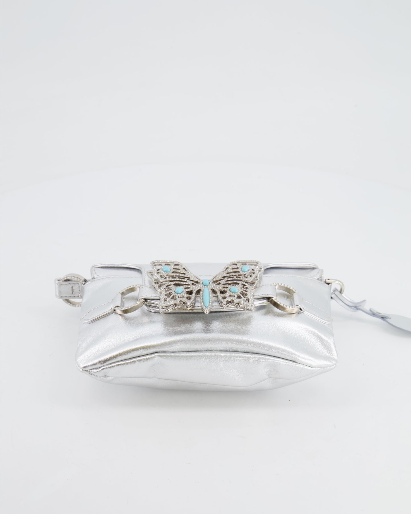Valentino   2004 Runway Silver Leather Small Bag with Crystal Embellished Butterfly and Turquoise Stones