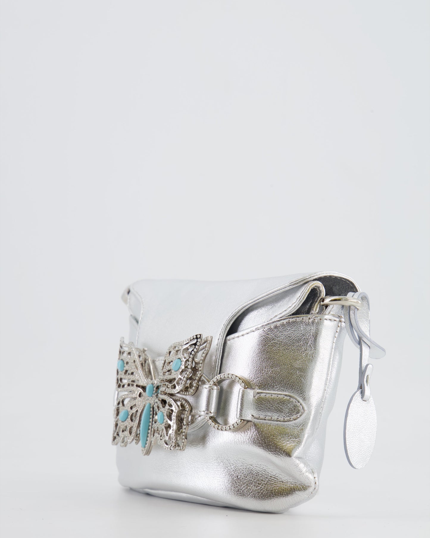 Valentino   2004 Runway Silver Leather Small Bag with Crystal Embellished Butterfly and Turquoise Stones