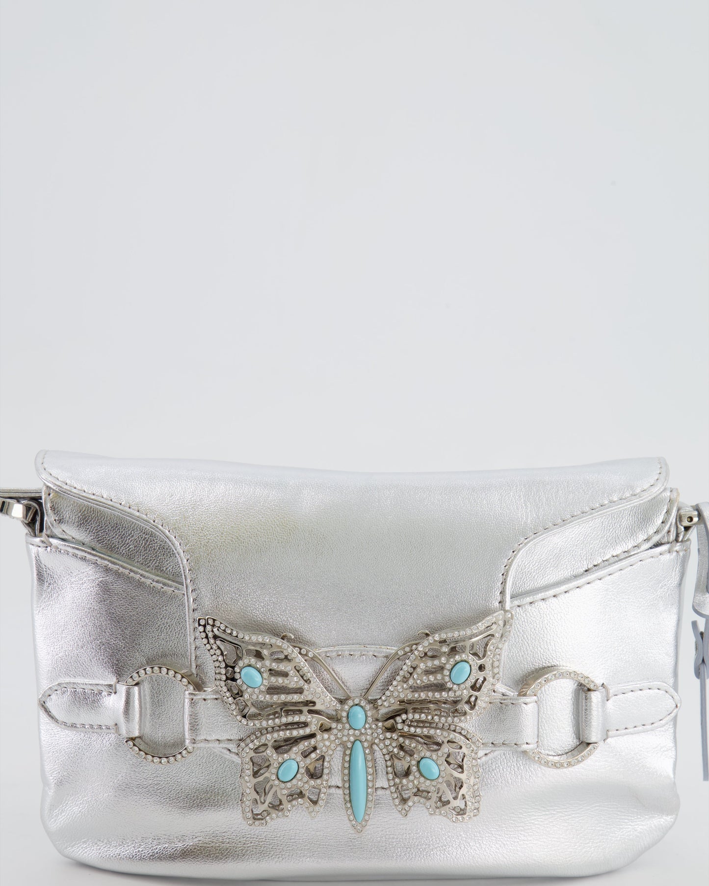 Valentino   2004 Runway Silver Leather Small Bag with Crystal Embellished Butterfly and Turquoise Stones
