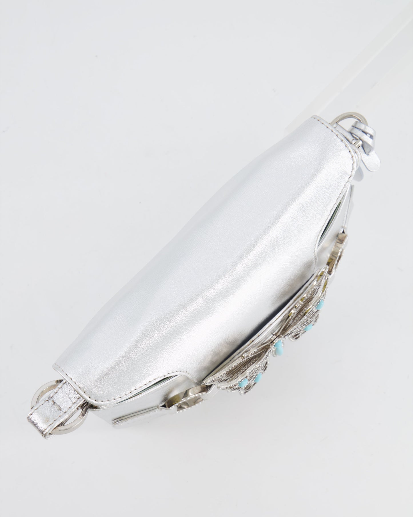 Valentino   2004 Runway Silver Leather Small Bag with Crystal Embellished Butterfly and Turquoise Stones