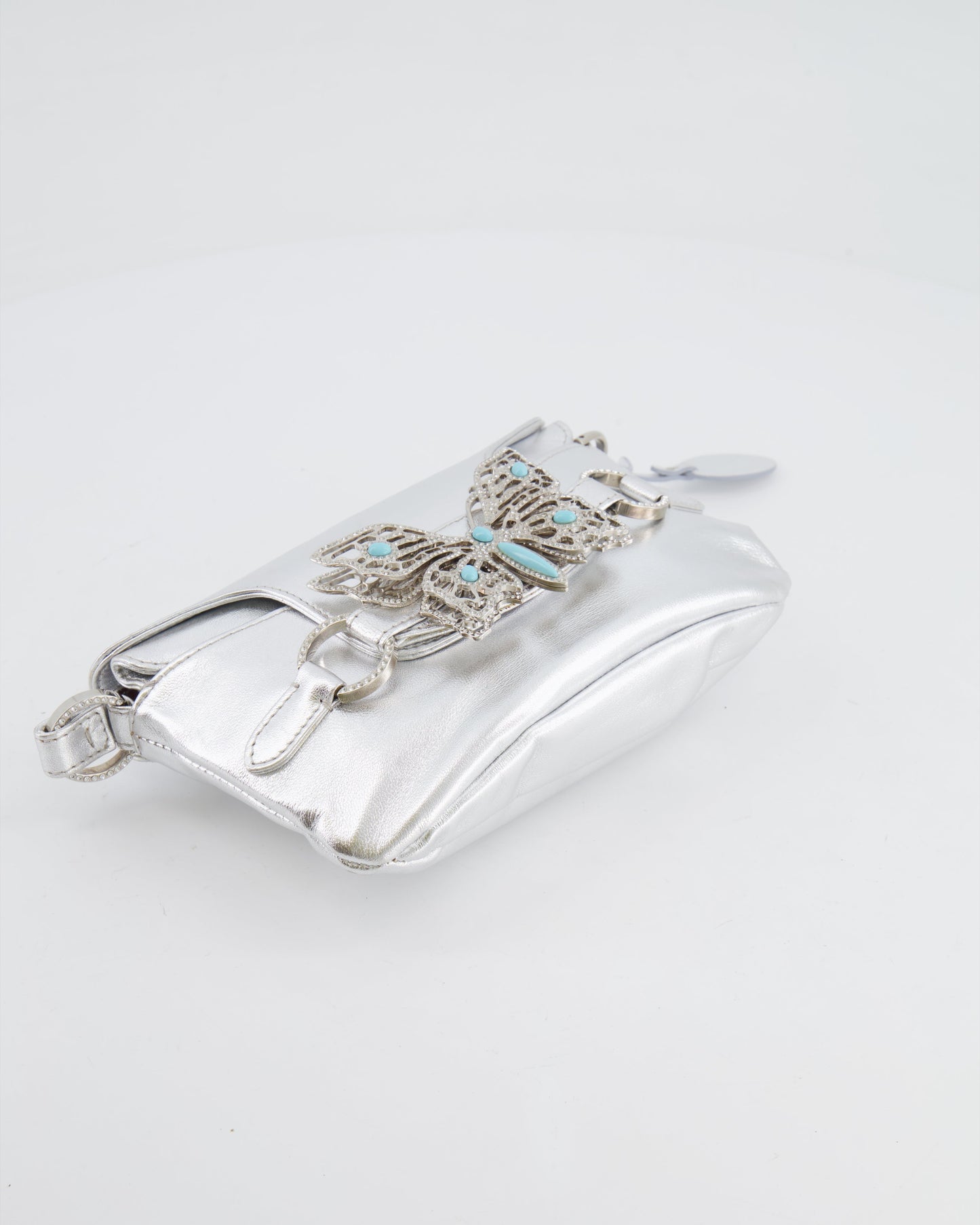 Valentino   2004 Runway Silver Leather Small Bag with Crystal Embellished Butterfly and Turquoise Stones