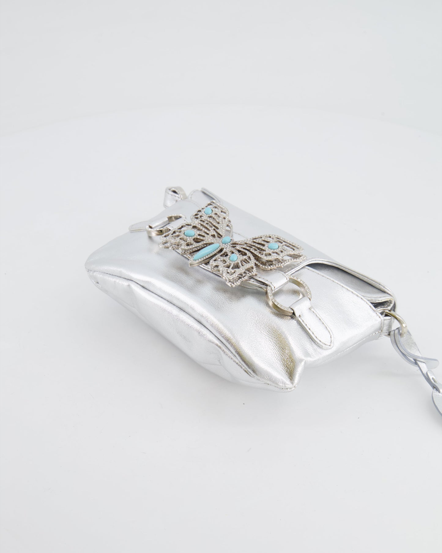 Valentino   2004 Runway Silver Leather Small Bag with Crystal Embellished Butterfly and Turquoise Stones