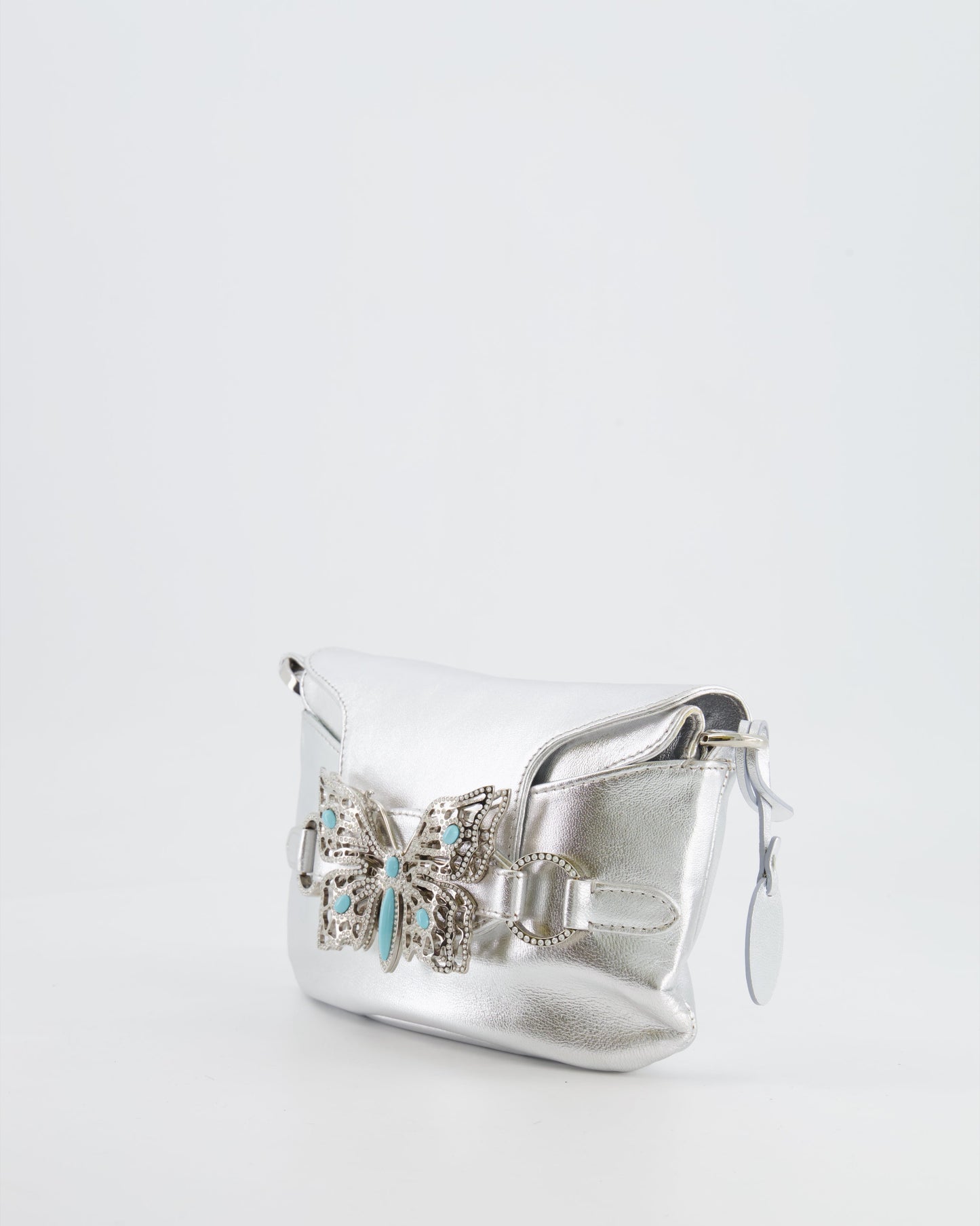 Valentino   2004 Runway Silver Leather Small Bag with Crystal Embellished Butterfly and Turquoise Stones