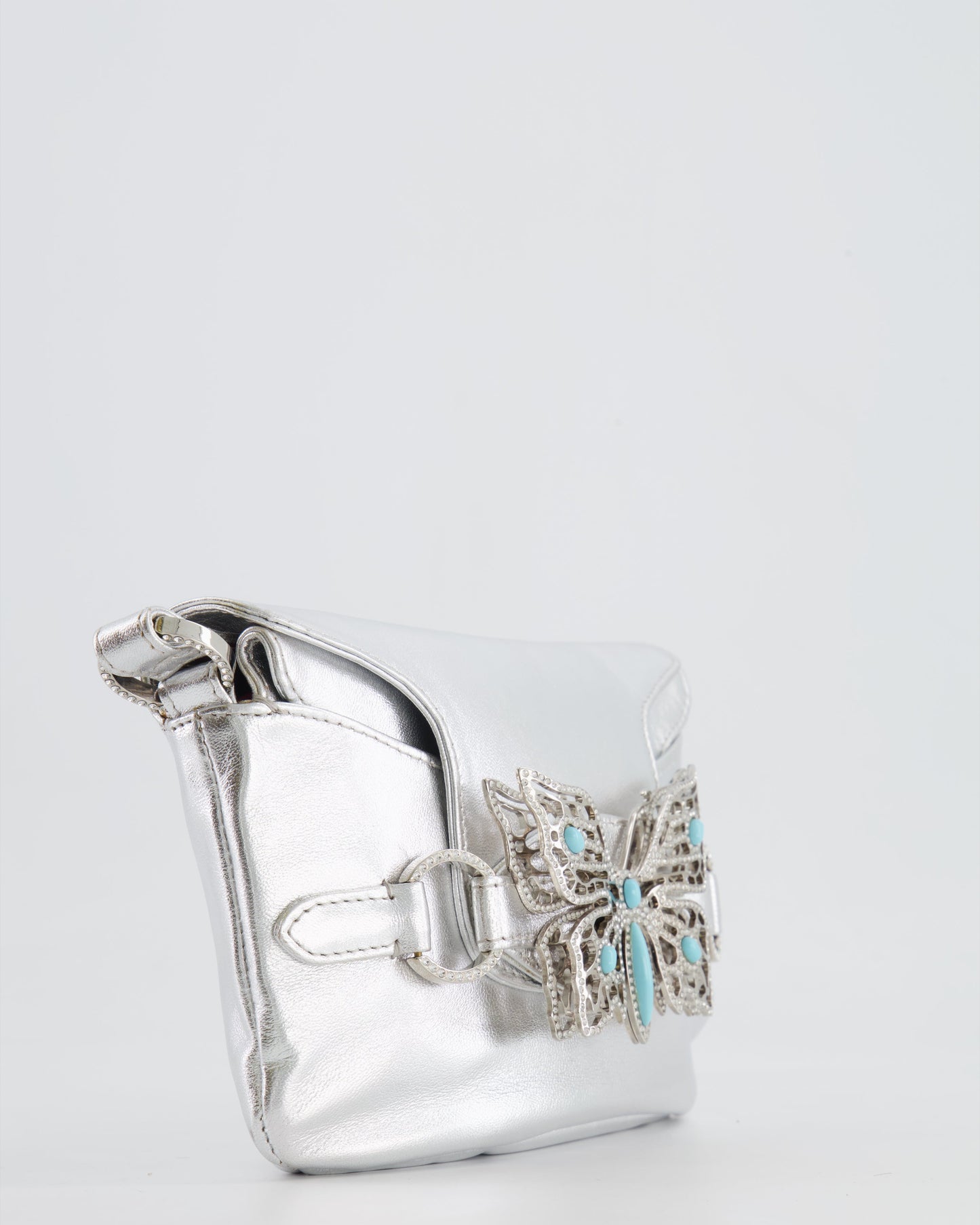 Valentino   2004 Runway Silver Leather Small Bag with Crystal Embellished Butterfly and Turquoise Stones