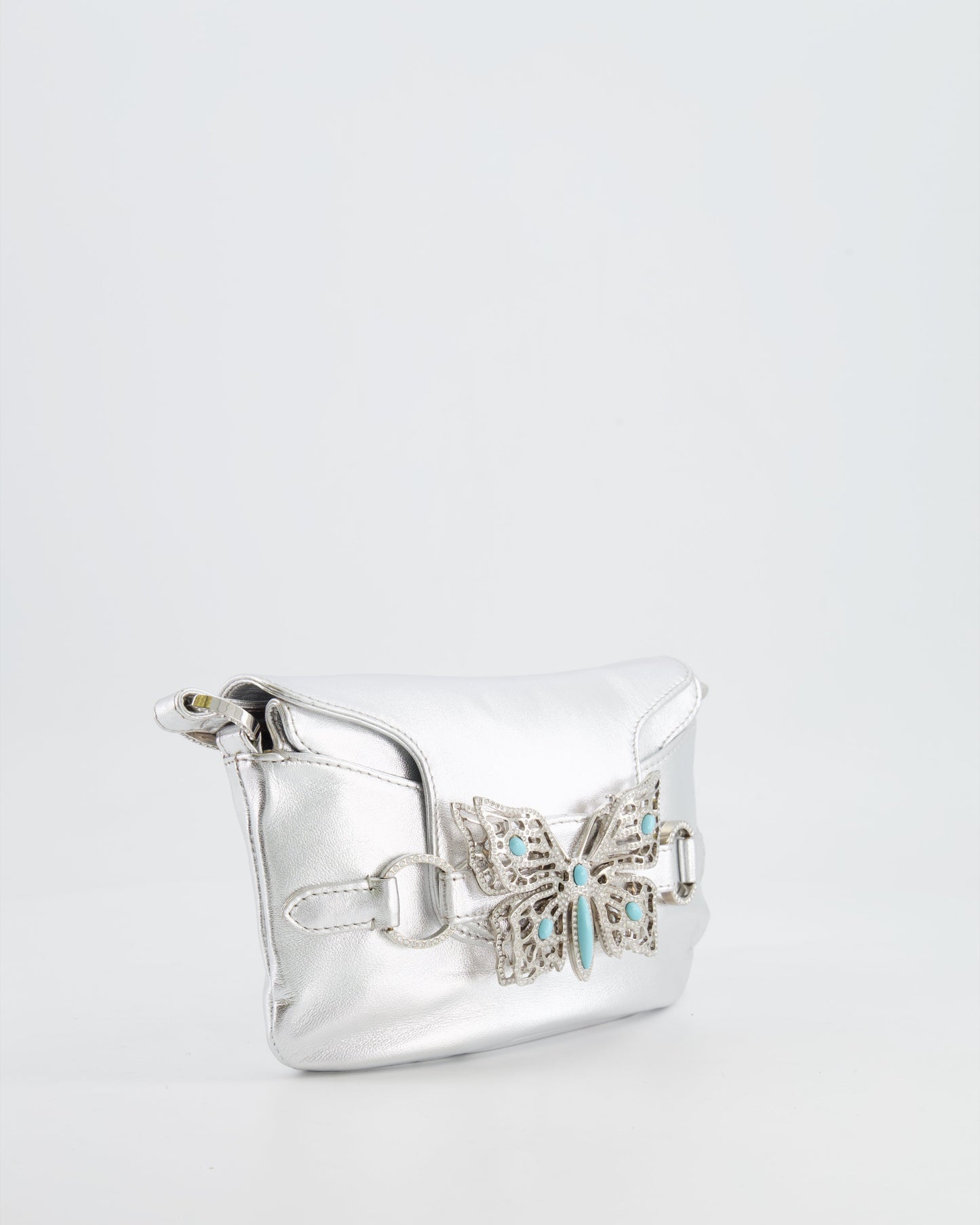 Valentino   2004 Runway Silver Leather Small Bag with Crystal Embellished Butterfly and Turquoise Stones