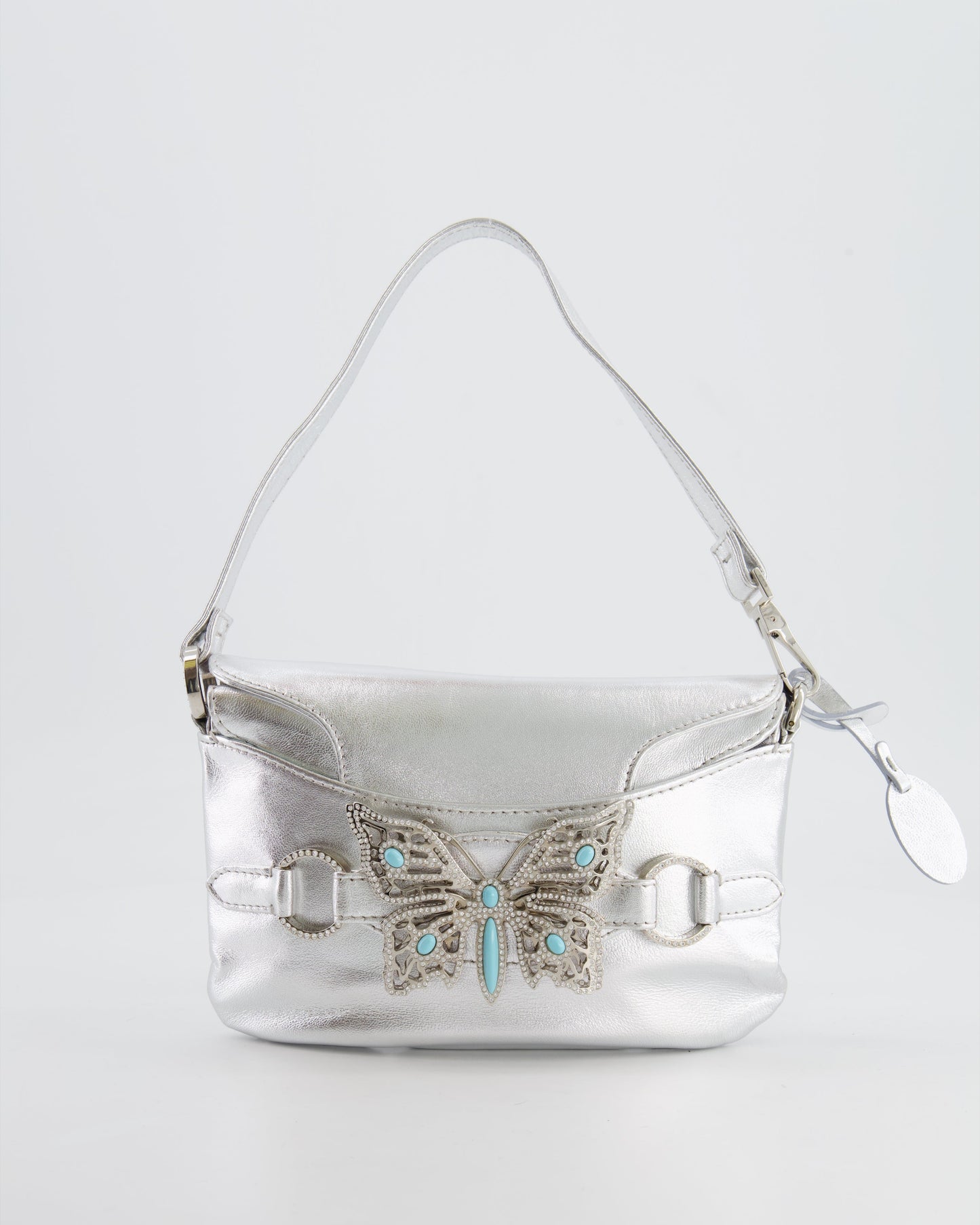 Valentino   2004 Runway Silver Leather Small Bag with Crystal Embellished Butterfly and Turquoise Stones