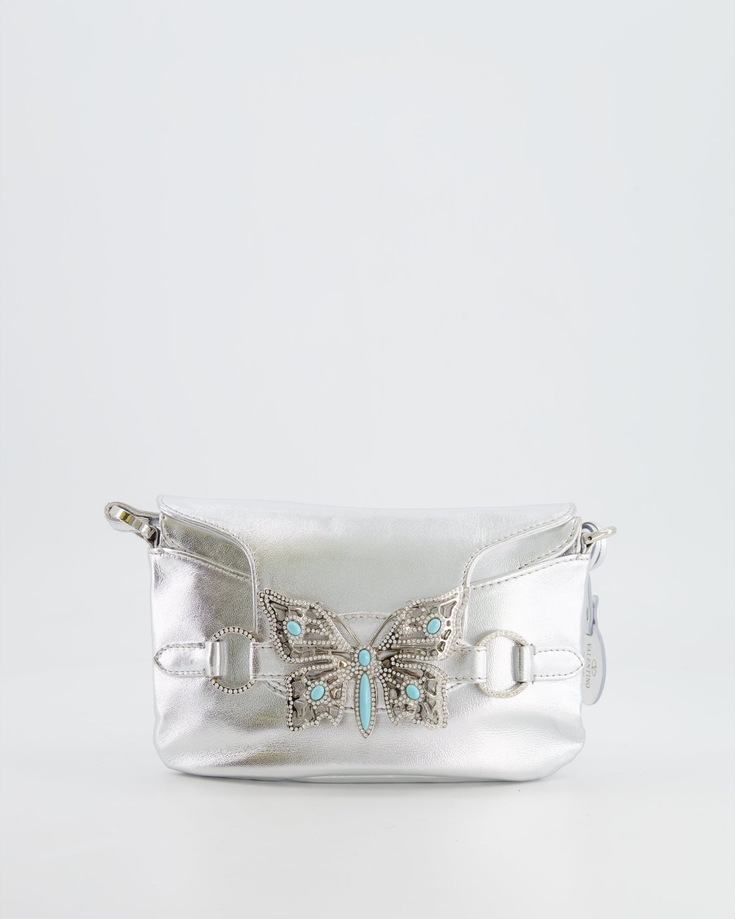 Valentino   2004 Runway Silver Leather Small Bag with Crystal Embellished Butterfly and Turquoise Stones