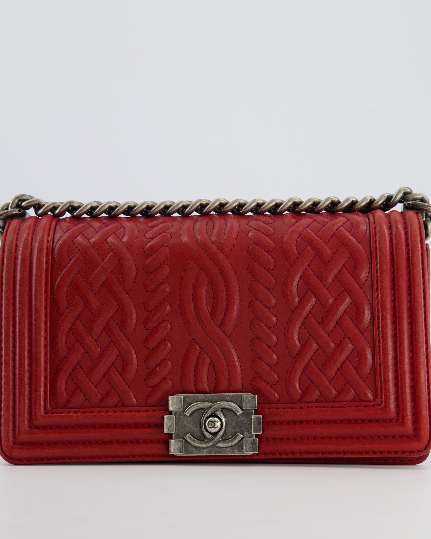 Chanel Limited Edition Red Medium Paris-Edinburgh Celtic Boy Bag with Embossed Leather and Ruthenium Hardware