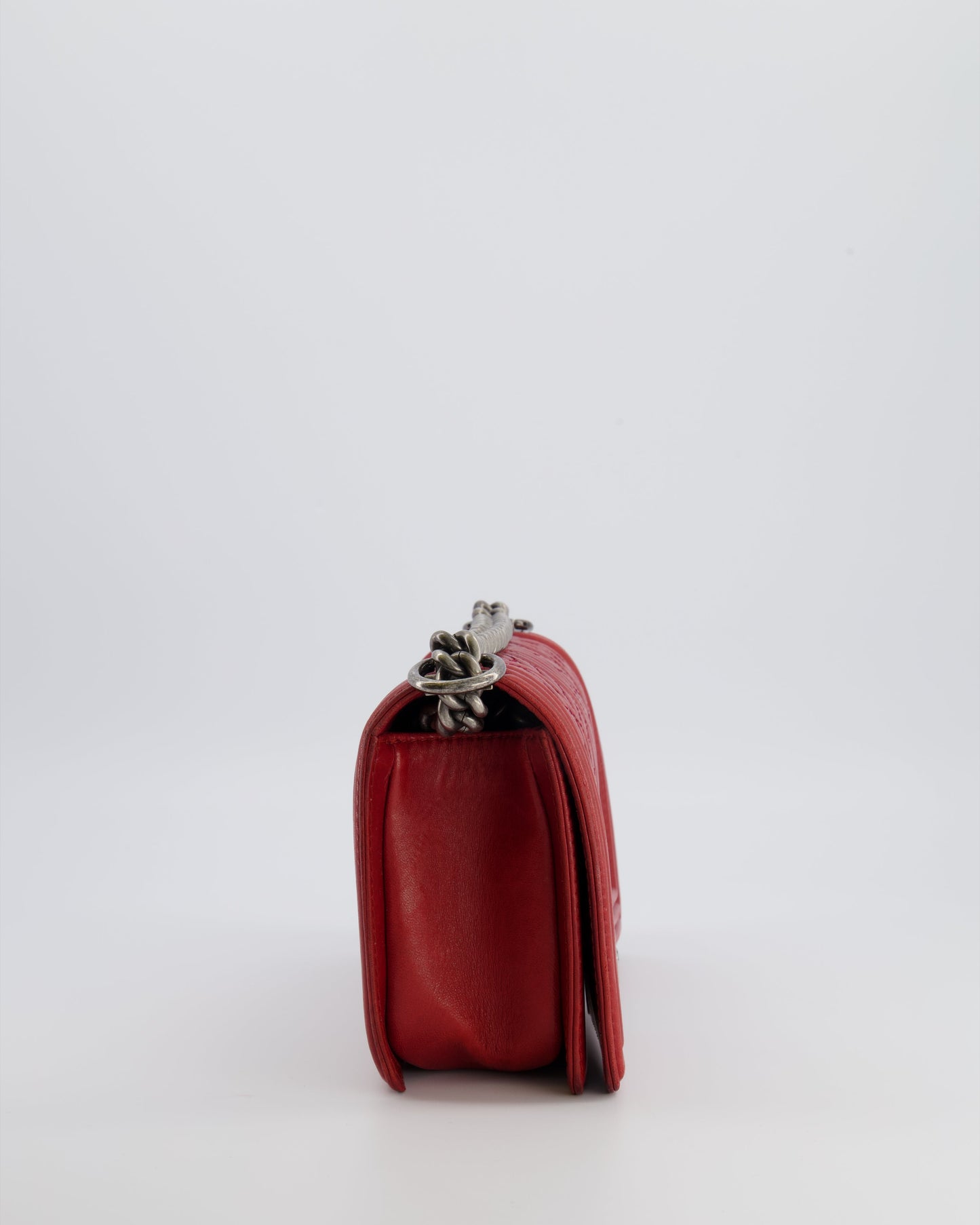 Chanel Limited Edition Red Medium Paris-Edinburgh Celtic Boy Bag with Embossed Leather and Ruthenium Hardware