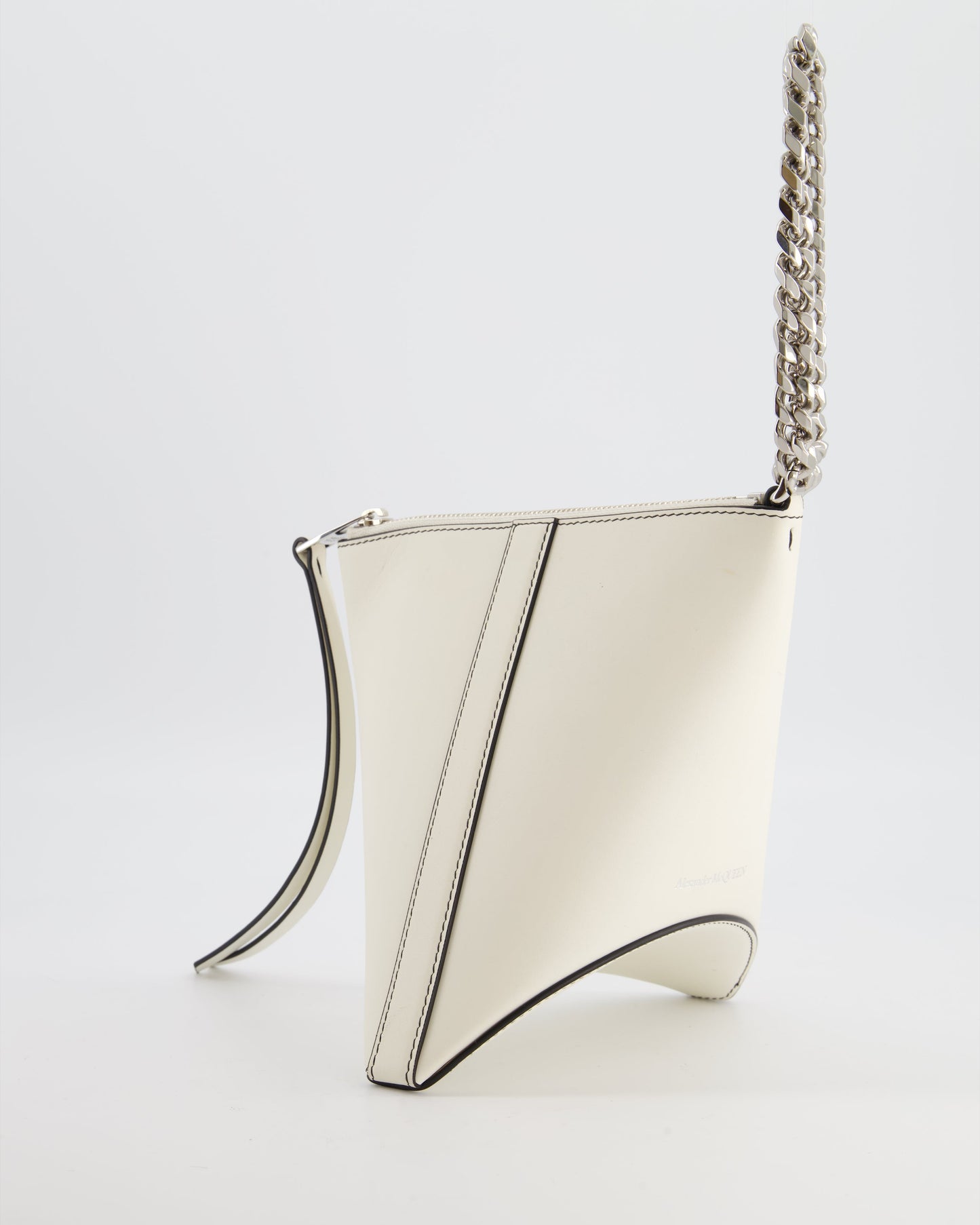 Alexander McQueen White Curve Triangle Leather Pouch with Silver Hardware