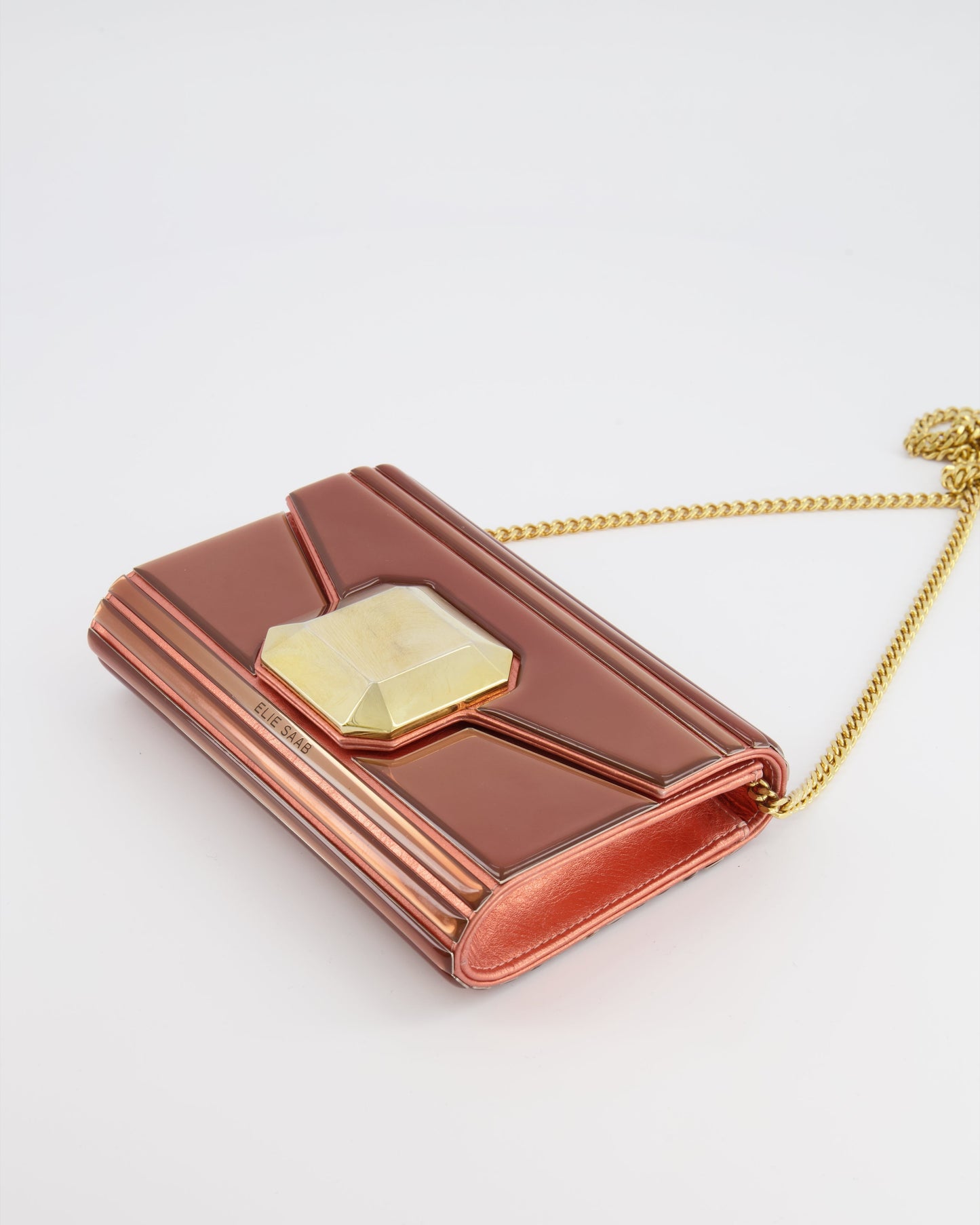 Elie Saab Bronze Pink Plexi Clutch on Chain Bag with Gold Hardware