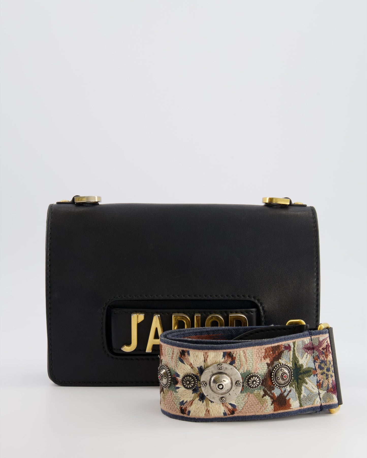 Christian Dior Black Leather J'Adior Flap Bag with Multi-Colour Embroidered Canvas Strap and Gold Hardware