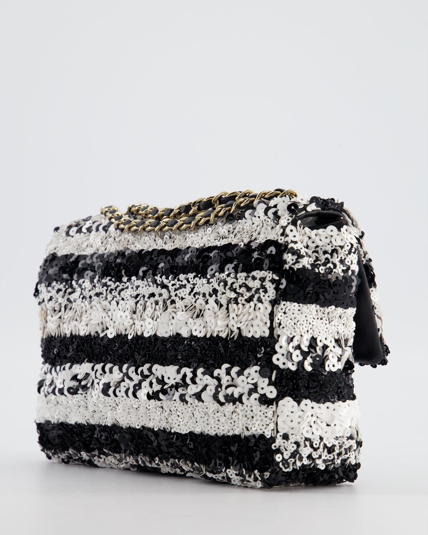 *HOT* Chanel Black and White Stripe Sequin Coco Mark Single Flap Bag with Champagne Gold Hardware