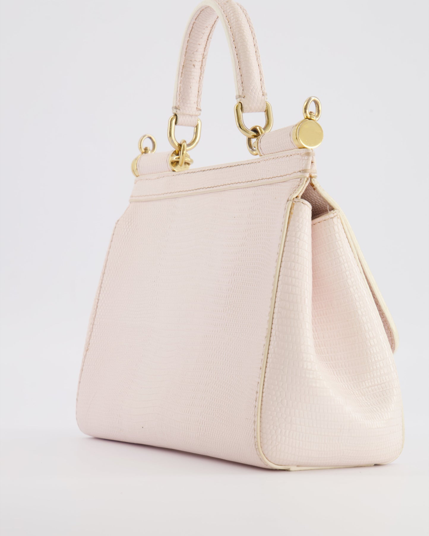 Dolce & Gabbana Light Pink Iguana Embossed Leather Small Sicily Bag with Mixed Hardware and Crystal Pearl Chain