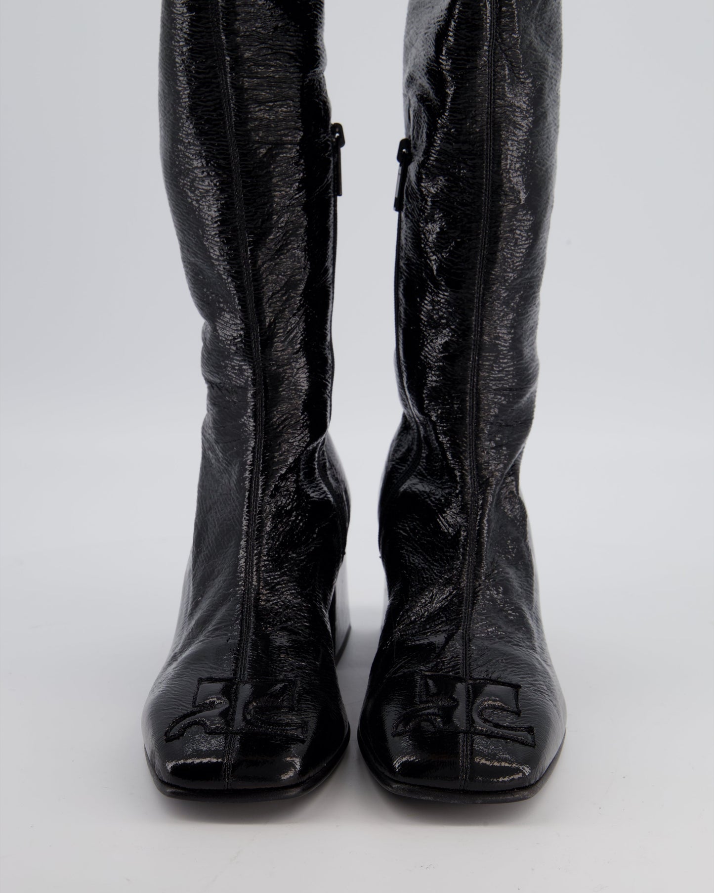 Courr�ges Black Patent Knee High Logo Boots Size EU 39