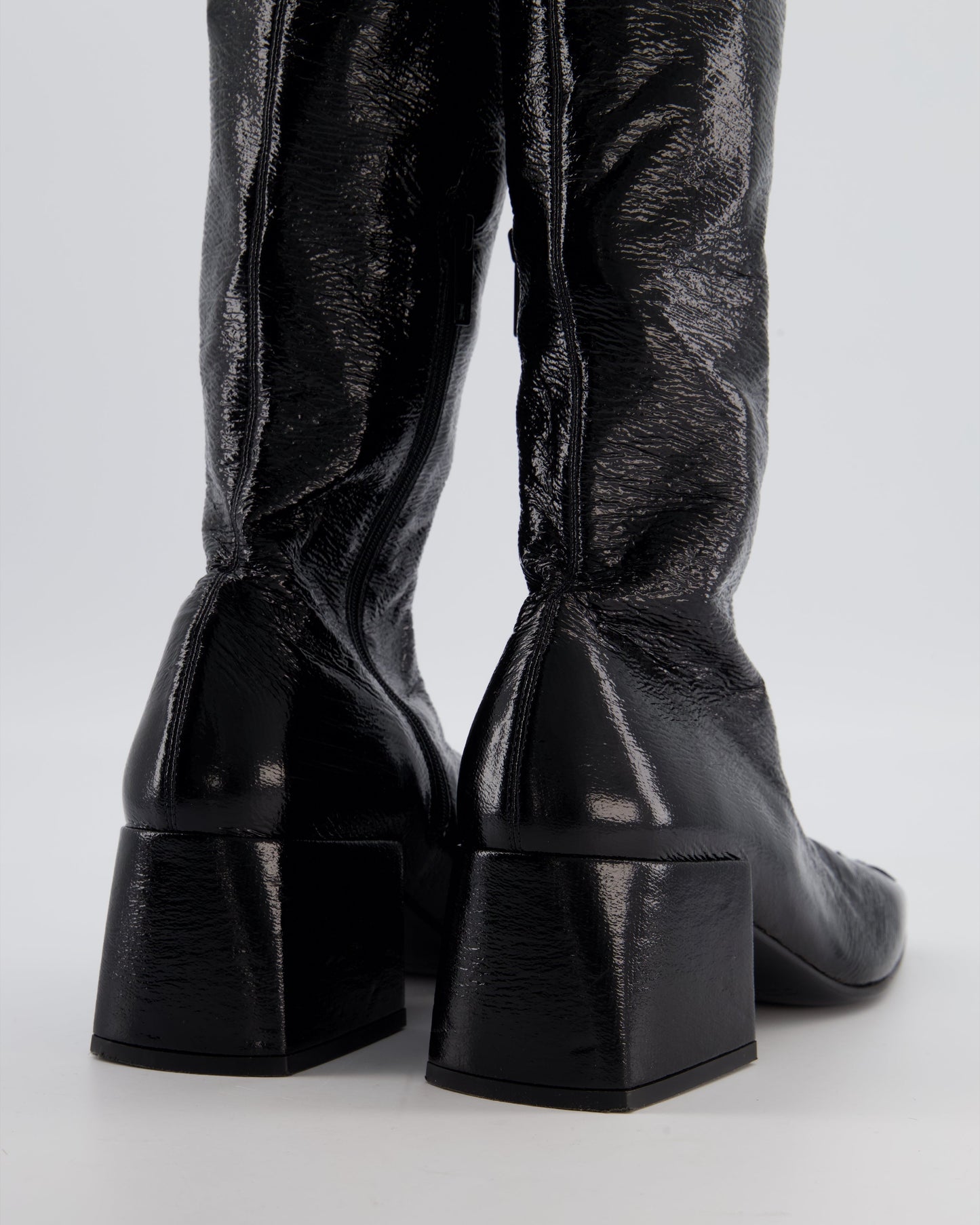 Courr�ges Black Patent Knee High Logo Boots Size EU 39