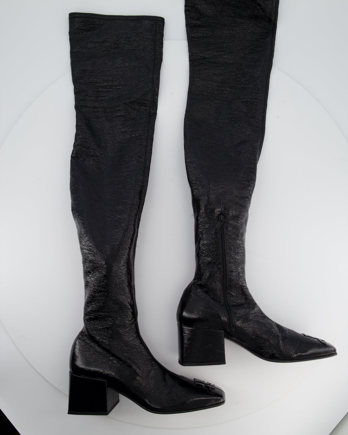 Courr�ges Black Patent Knee High Logo Boots Size EU 39