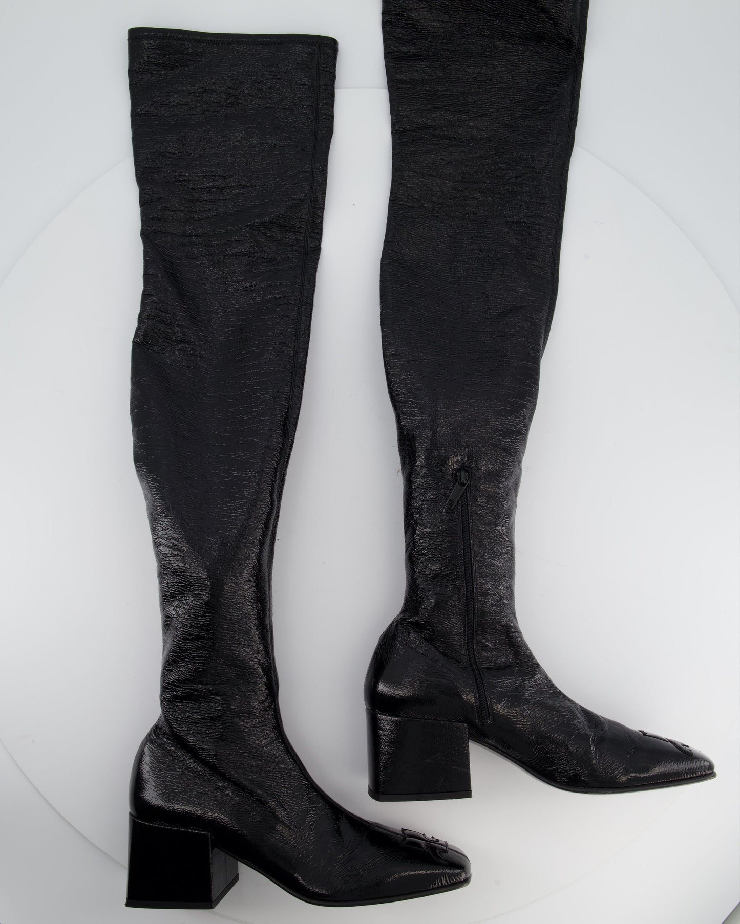 Courr�ges Black Patent Knee High Logo Boots Size EU 39