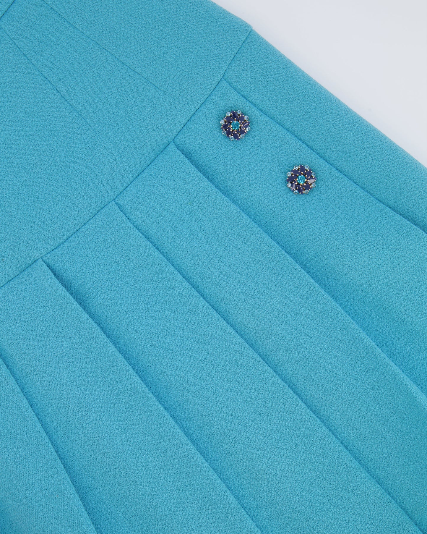 Dolce & Gabbana Light Blue Wool Pleated Mini Skirt with Crystal Embellished Buttons Size IT 42 (UK 10)