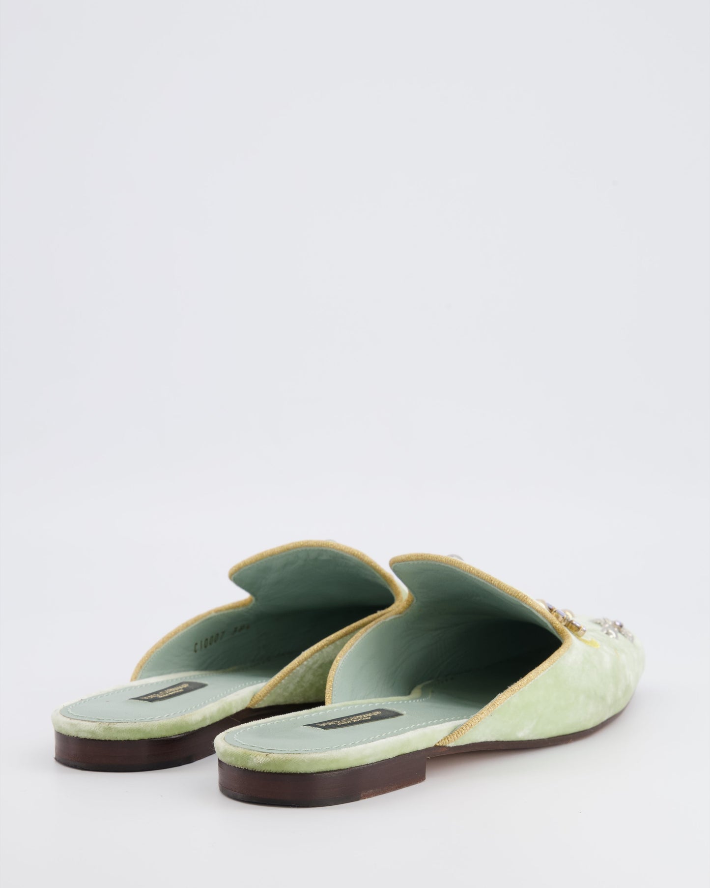 Dolce & Gabbana Pastel Green Velours Mules with Embroideries and Floral Crystal Embellishments Size EU 38.5