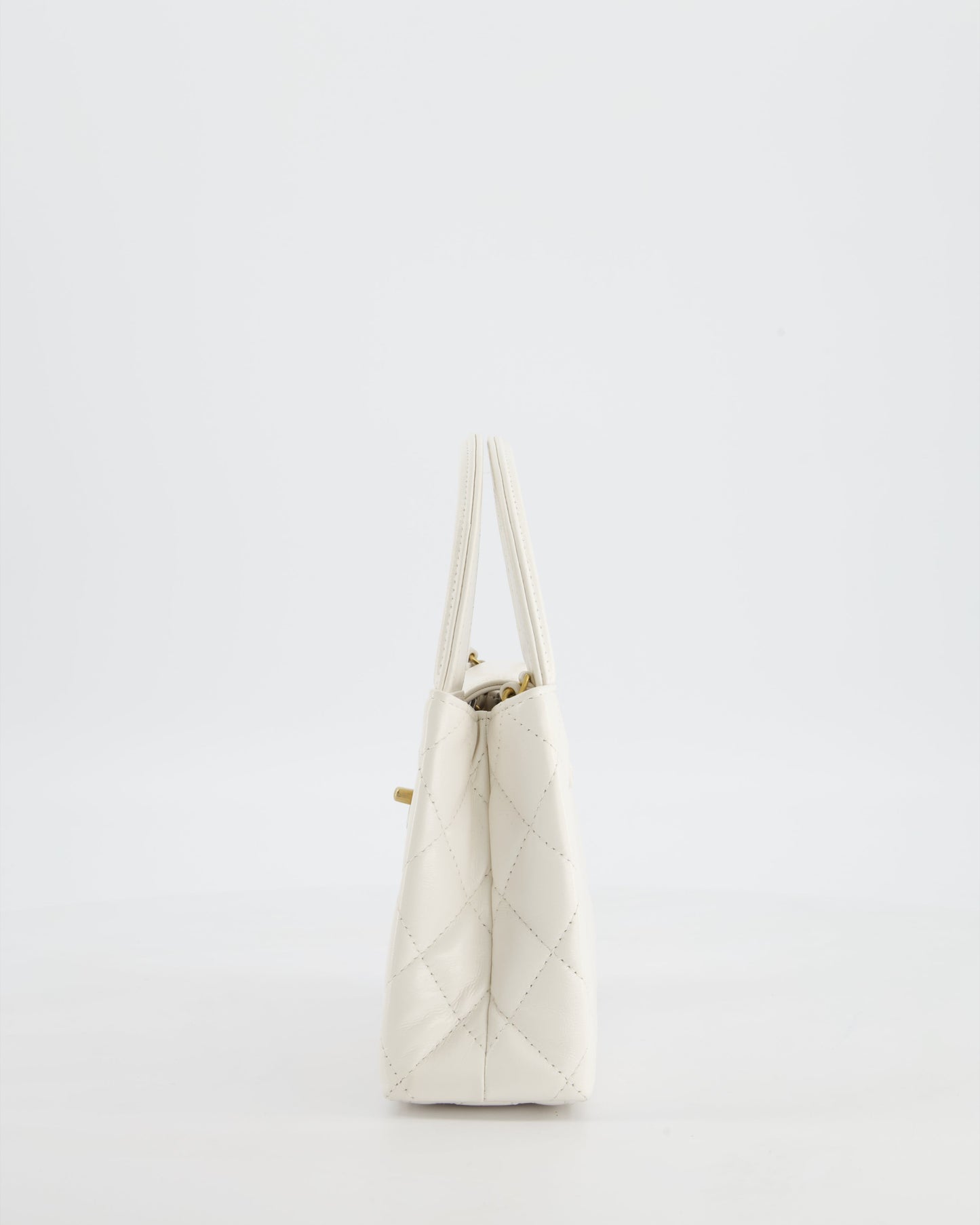 Chanel White Small Mini Kelly Shopping Bag in Shiny Calfskin Leather with Antique Gold Hardware