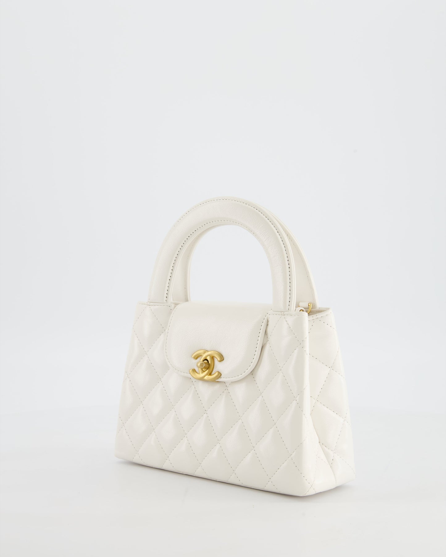 Chanel White Small Mini Kelly Shopping Bag in Shiny Calfskin Leather with Antique Gold Hardware