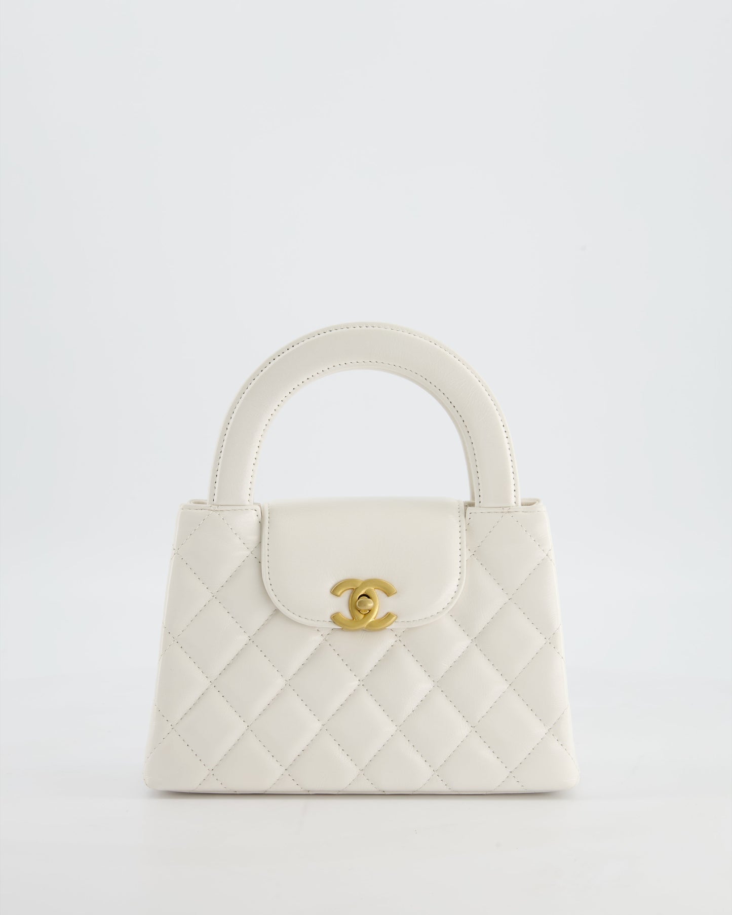 Chanel White Small Mini Kelly Shopping Bag in Shiny Calfskin Leather with Antique Gold Hardware