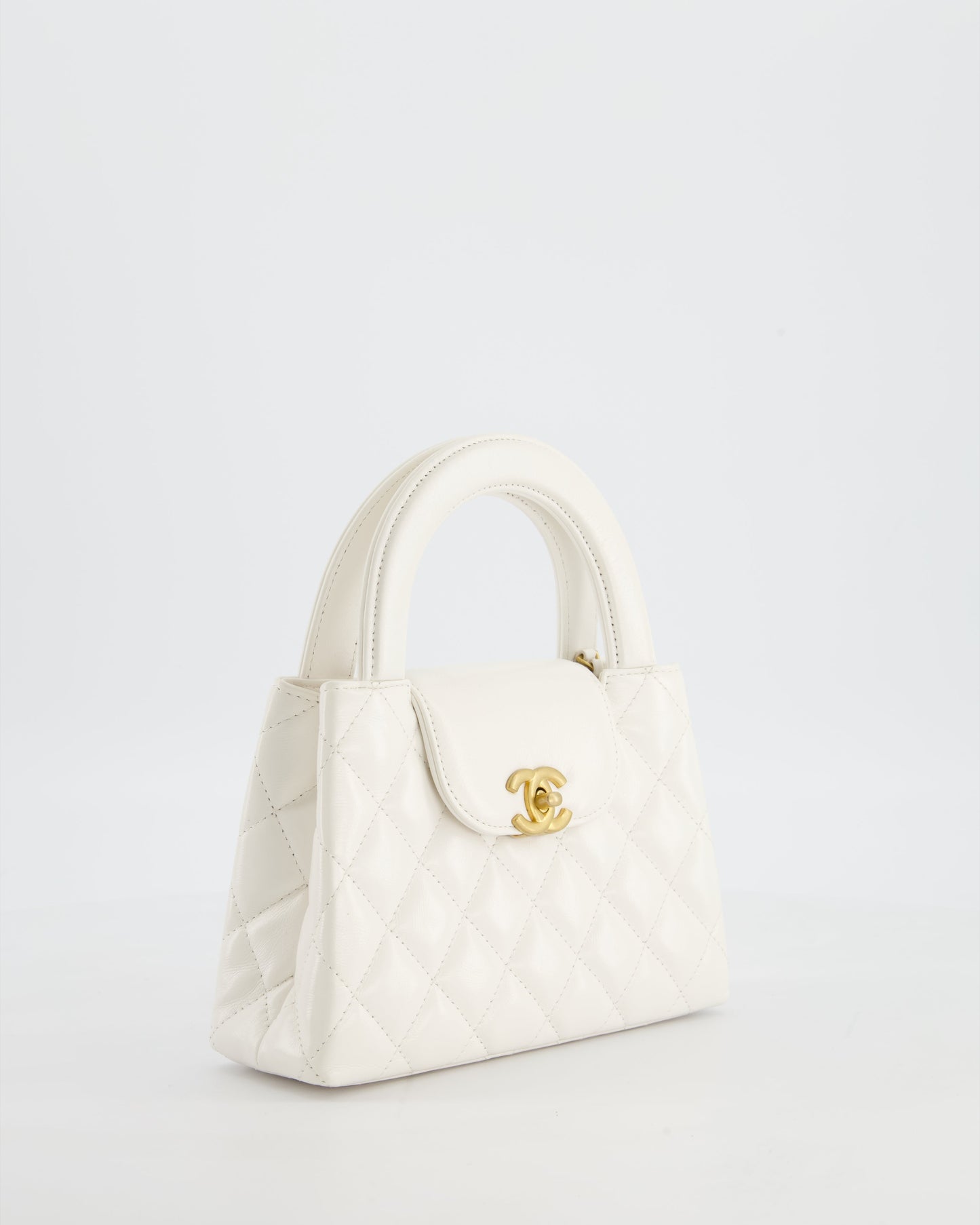 Chanel White Small Mini Kelly Shopping Bag in Shiny Calfskin Leather with Antique Gold Hardware