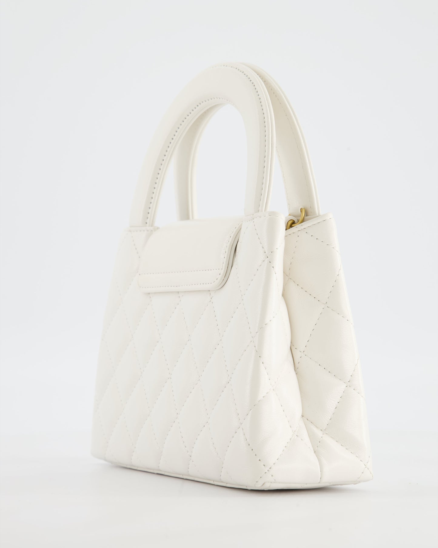 Chanel White Small Mini Kelly Shopping Bag in Shiny Calfskin Leather with Antique Gold Hardware