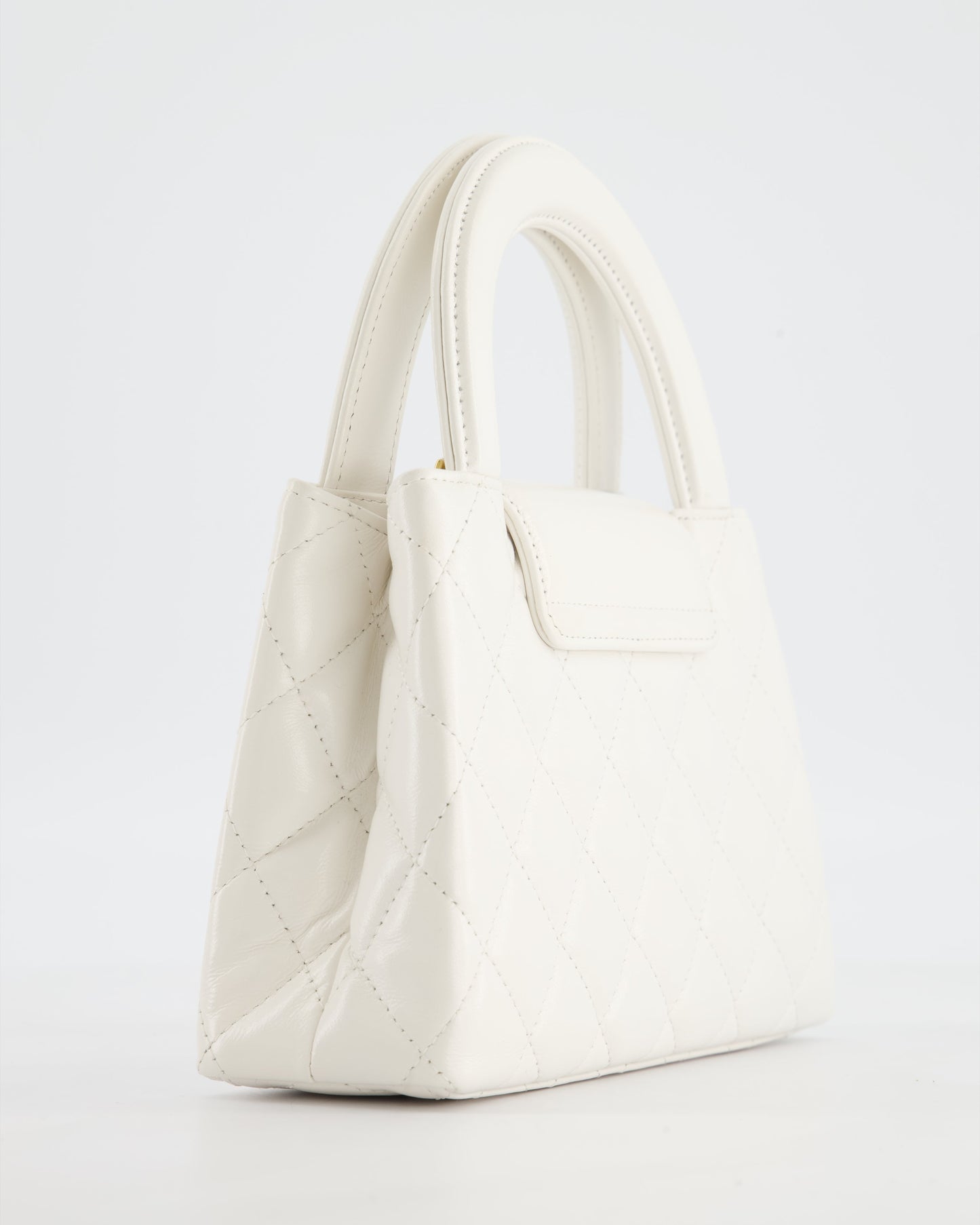 Chanel White Small Mini Kelly Shopping Bag in Shiny Calfskin Leather with Antique Gold Hardware