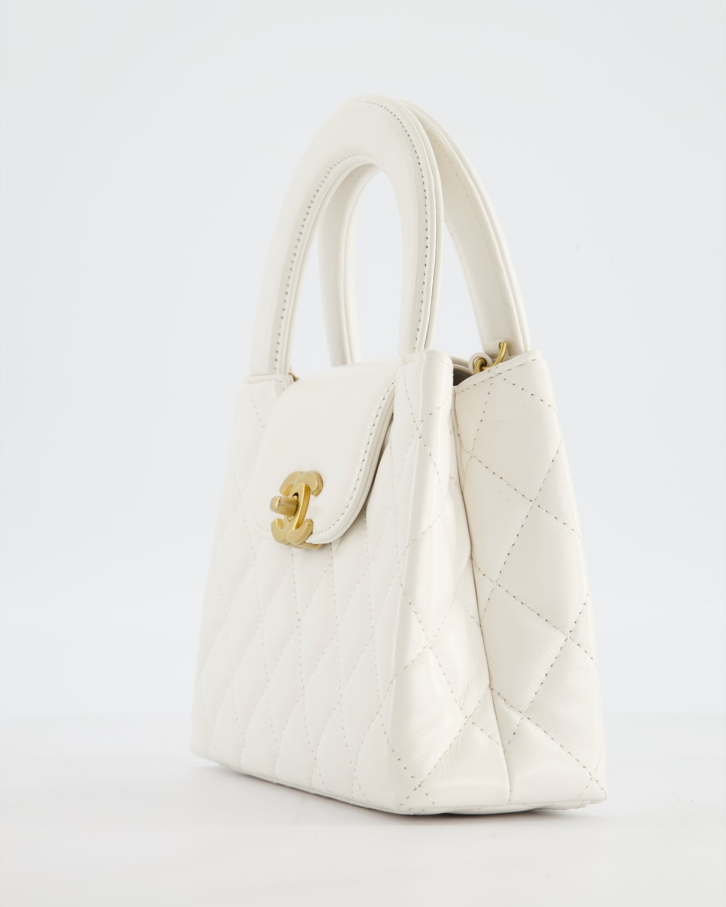 Chanel White Small Mini Kelly Shopping Bag in Shiny Calfskin Leather with Antique Gold Hardware