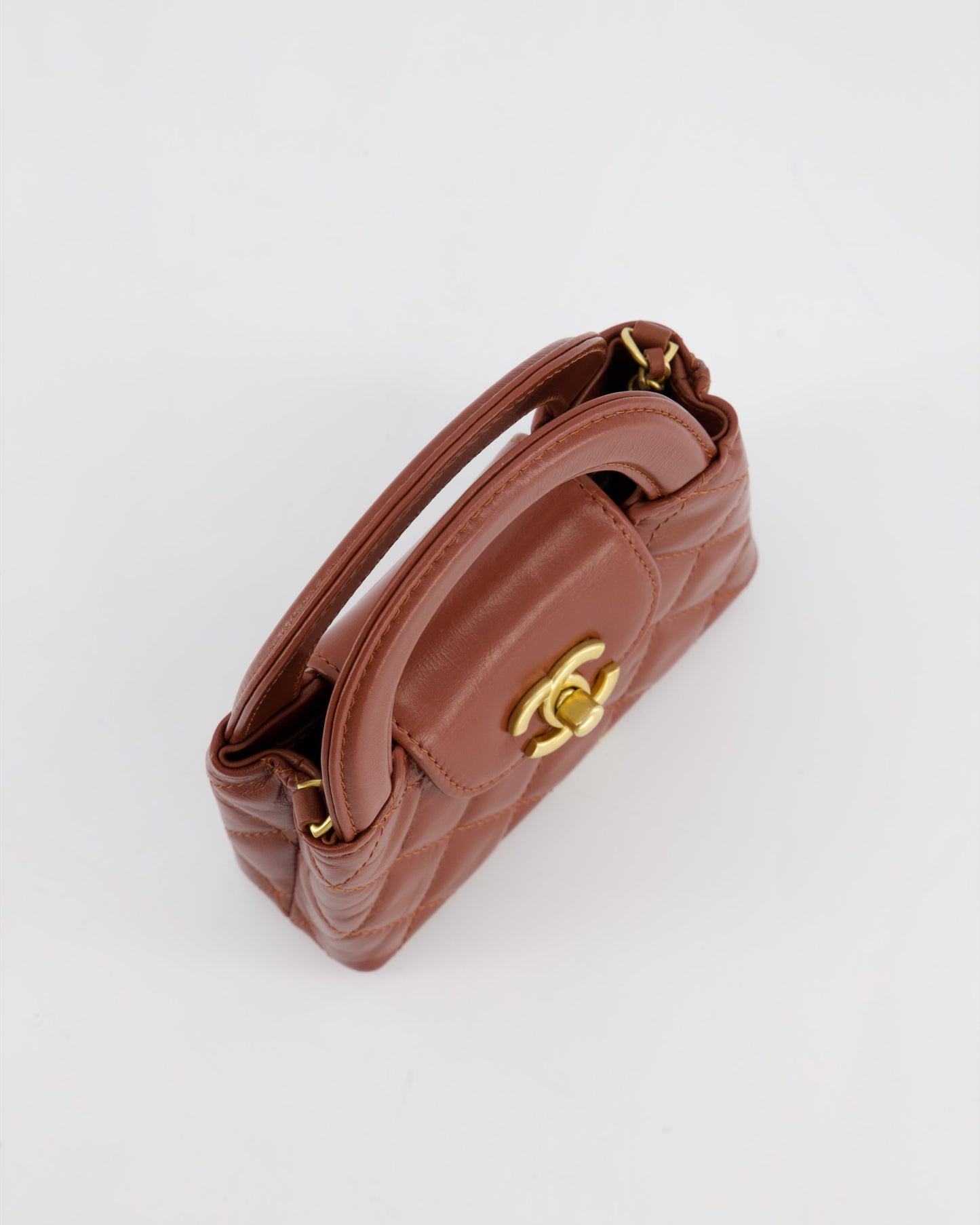 Chanel Brown Nano Mini Kelly Shopping Bag in Aged Calfskin Leather with Brushed Antique Gold Hardware