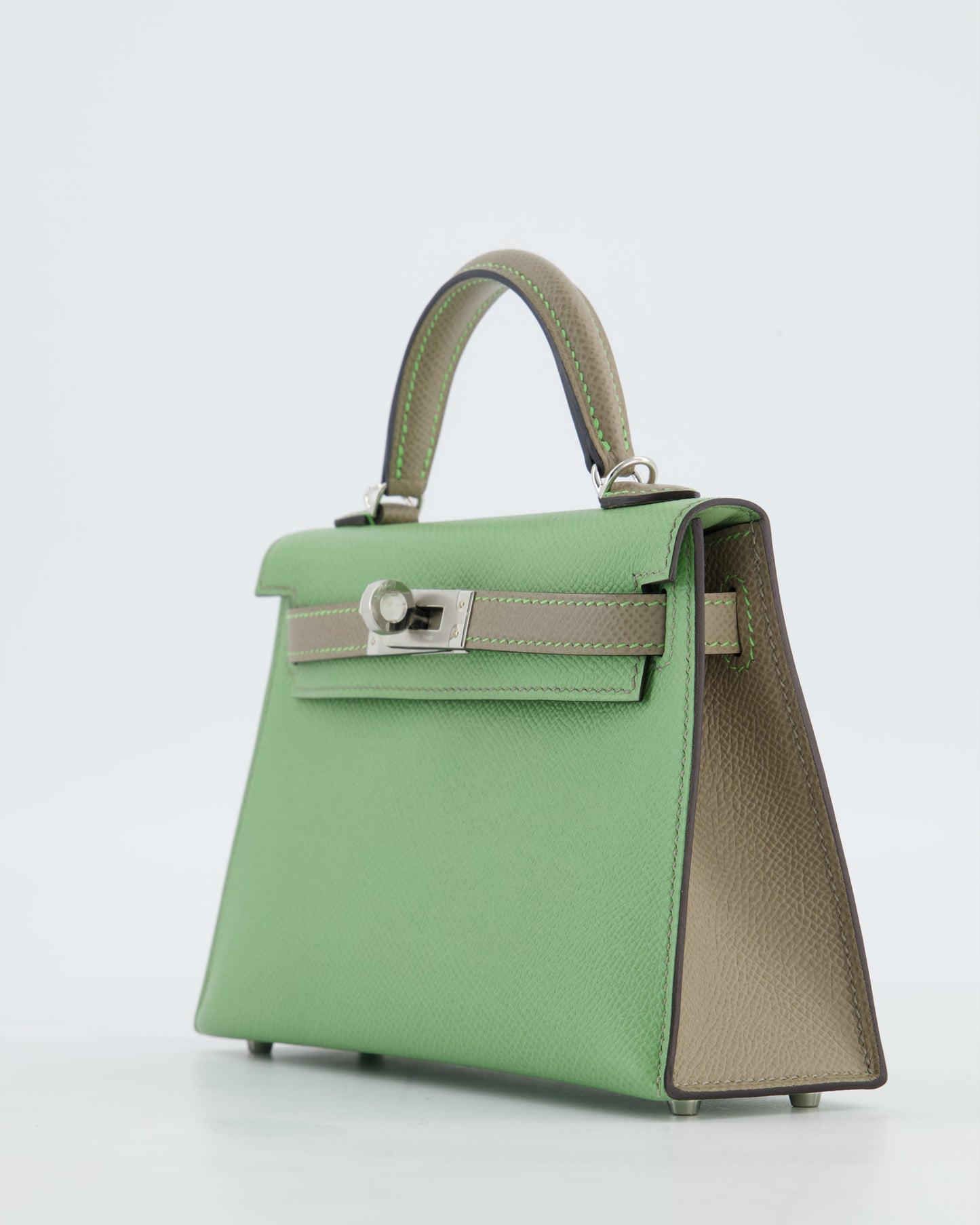*SUPER RARE* Herm�s HSS Mini Kelly II 20 Bag in Vert Criquet & Gris Aphalt Epsom Leather with Contrast Stitching and Palladium Hardware
