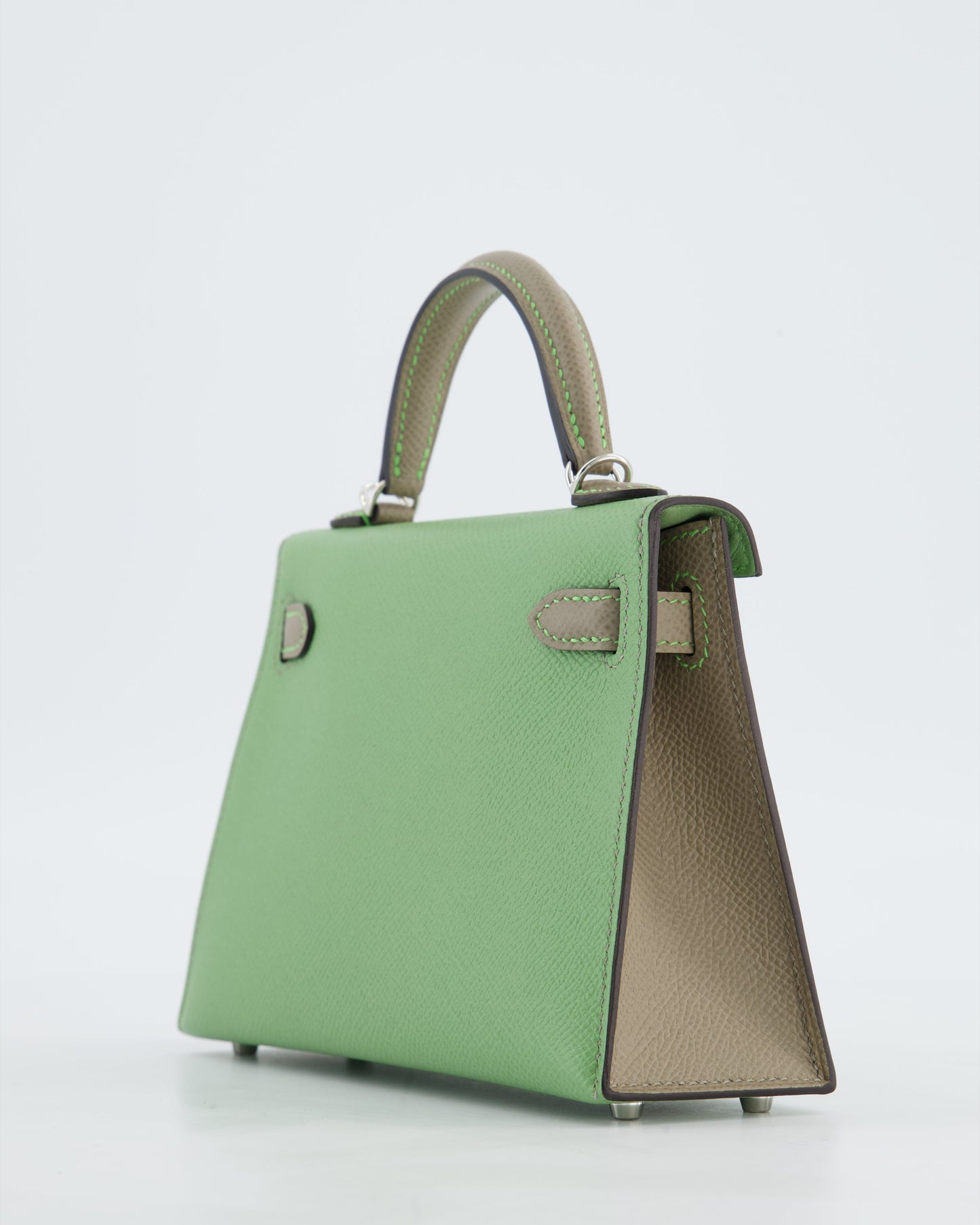 *SUPER RARE* Herm�s HSS Mini Kelly II 20 Bag in Vert Criquet & Gris Aphalt Epsom Leather with Contrast Stitching and Palladium Hardware