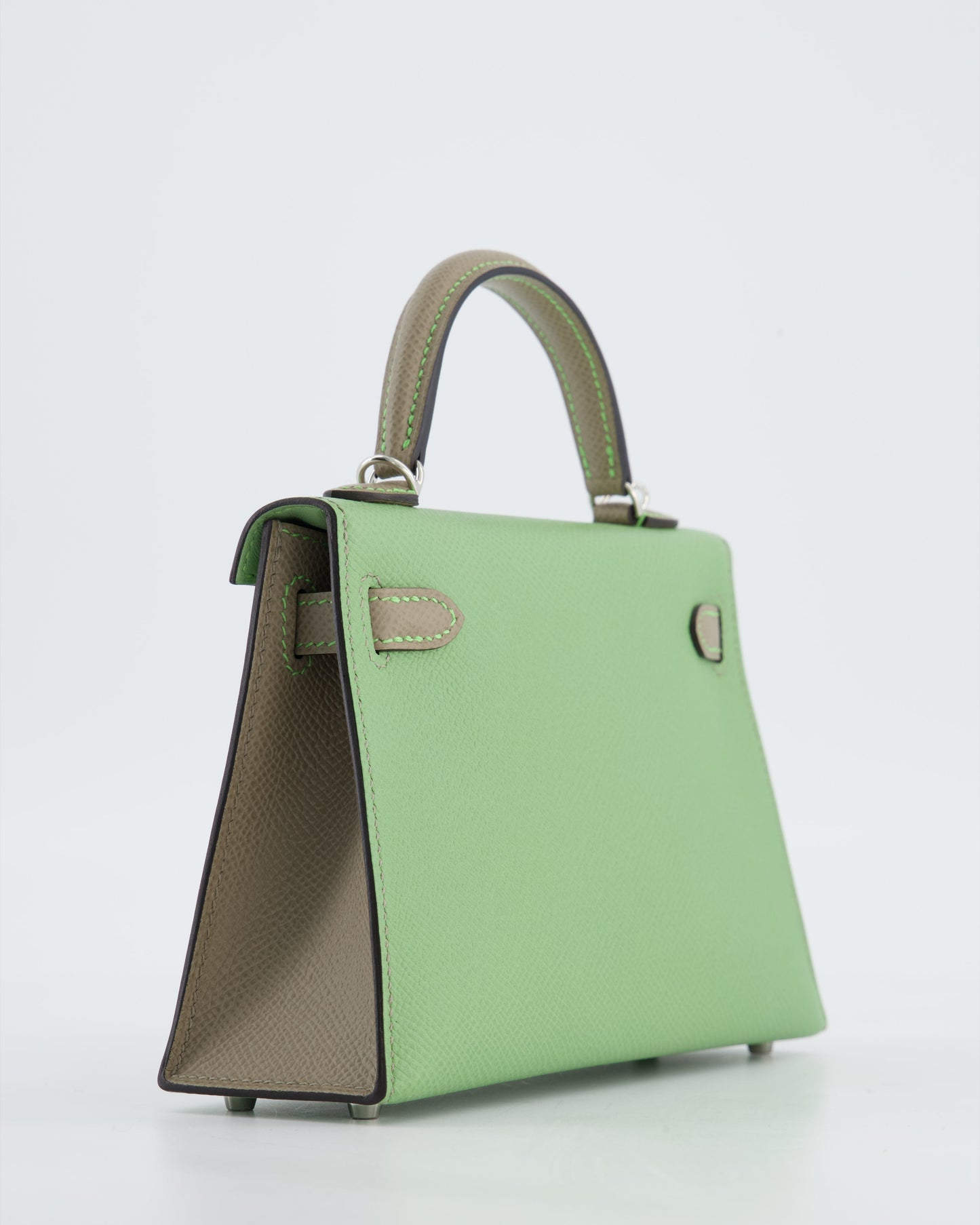 *SUPER RARE* Herm�s HSS Mini Kelly II 20 Bag in Vert Criquet & Gris Aphalt Epsom Leather with Contrast Stitching and Palladium Hardware