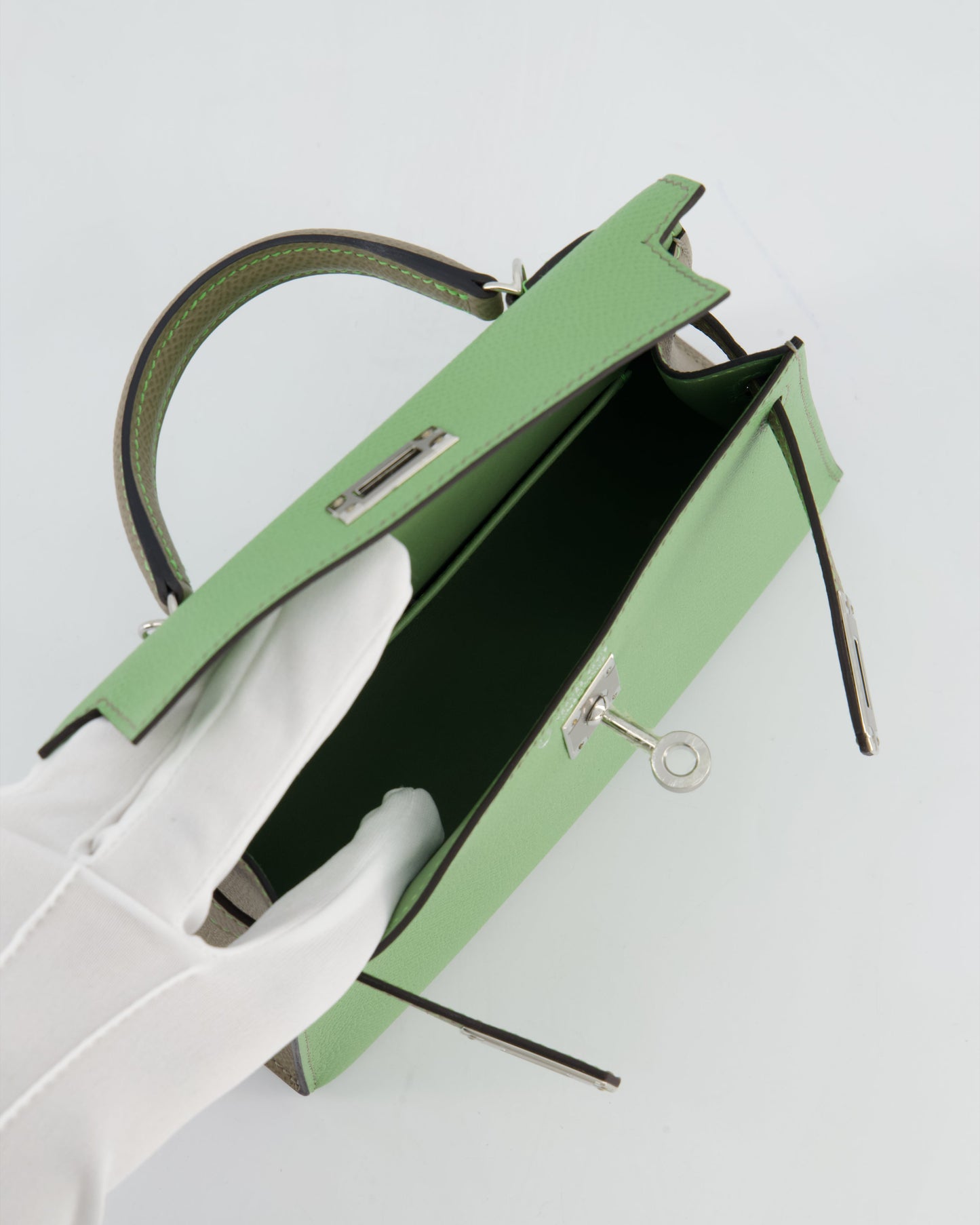 *SUPER RARE* Herm�s HSS Mini Kelly II 20 Bag in Vert Criquet & Gris Aphalt Epsom Leather with Contrast Stitching and Palladium Hardware