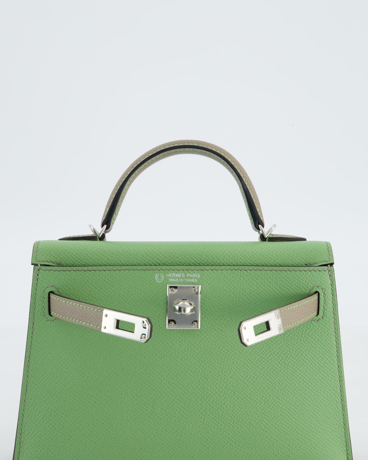 *SUPER RARE* Herm�s HSS Mini Kelly II 20 Bag in Vert Criquet & Gris Aphalt Epsom Leather with Contrast Stitching and Palladium Hardware