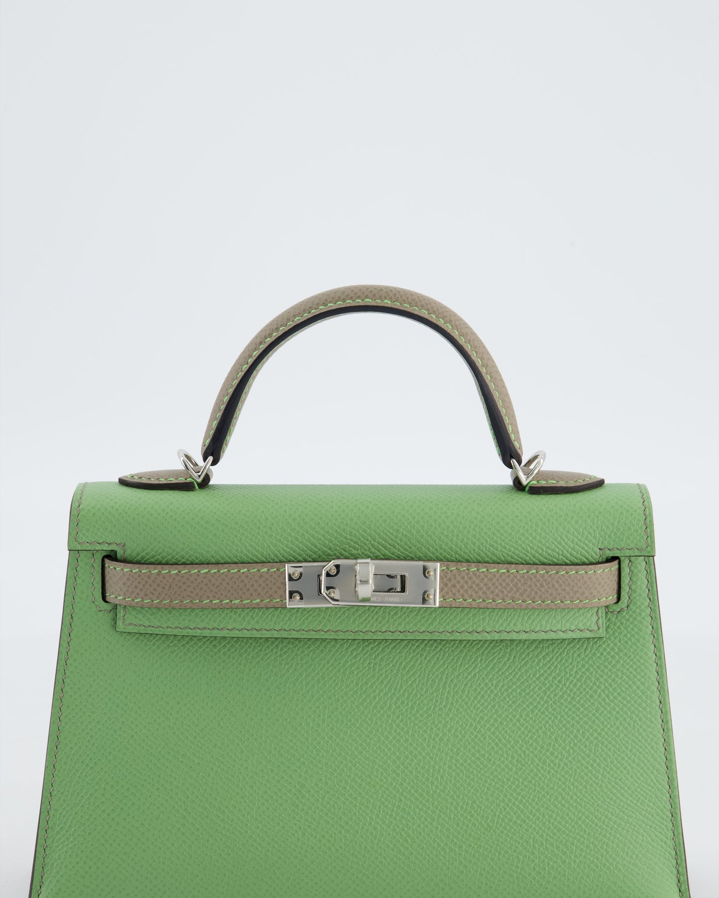 *SUPER RARE* Herm�s HSS Mini Kelly II 20 Bag in Vert Criquet & Gris Aphalt Epsom Leather with Contrast Stitching and Palladium Hardware