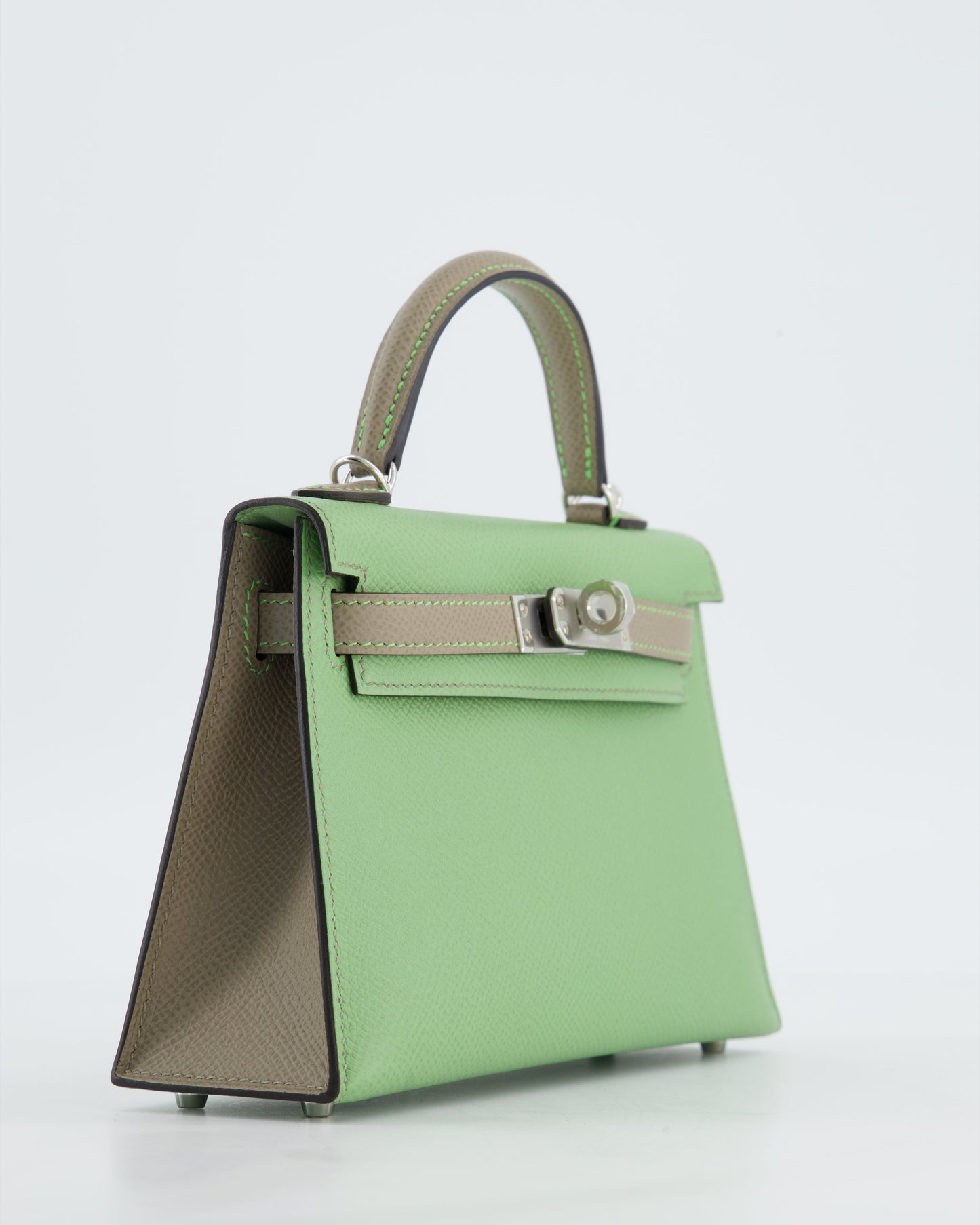 *SUPER RARE* Herm�s HSS Mini Kelly II 20 Bag in Vert Criquet & Gris Aphalt Epsom Leather with Contrast Stitching and Palladium Hardware