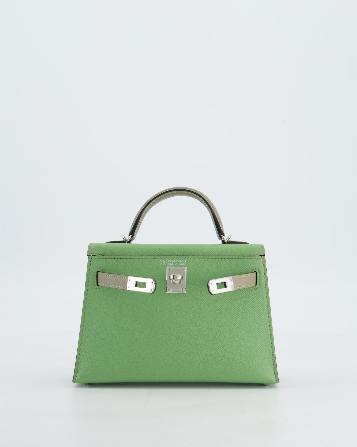 *SUPER RARE* Herm�s HSS Mini Kelly II 20 Bag in Vert Criquet & Gris Aphalt Epsom Leather with Contrast Stitching and Palladium Hardware