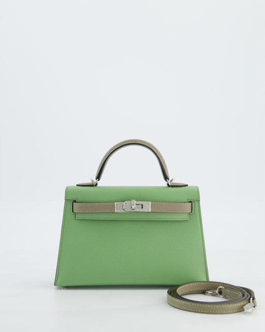 *SUPER RARE* Herm�s HSS Mini Kelly II 20 Bag in Vert Criquet & Gris Aphalt Epsom Leather with Contrast Stitching and Palladium Hardware