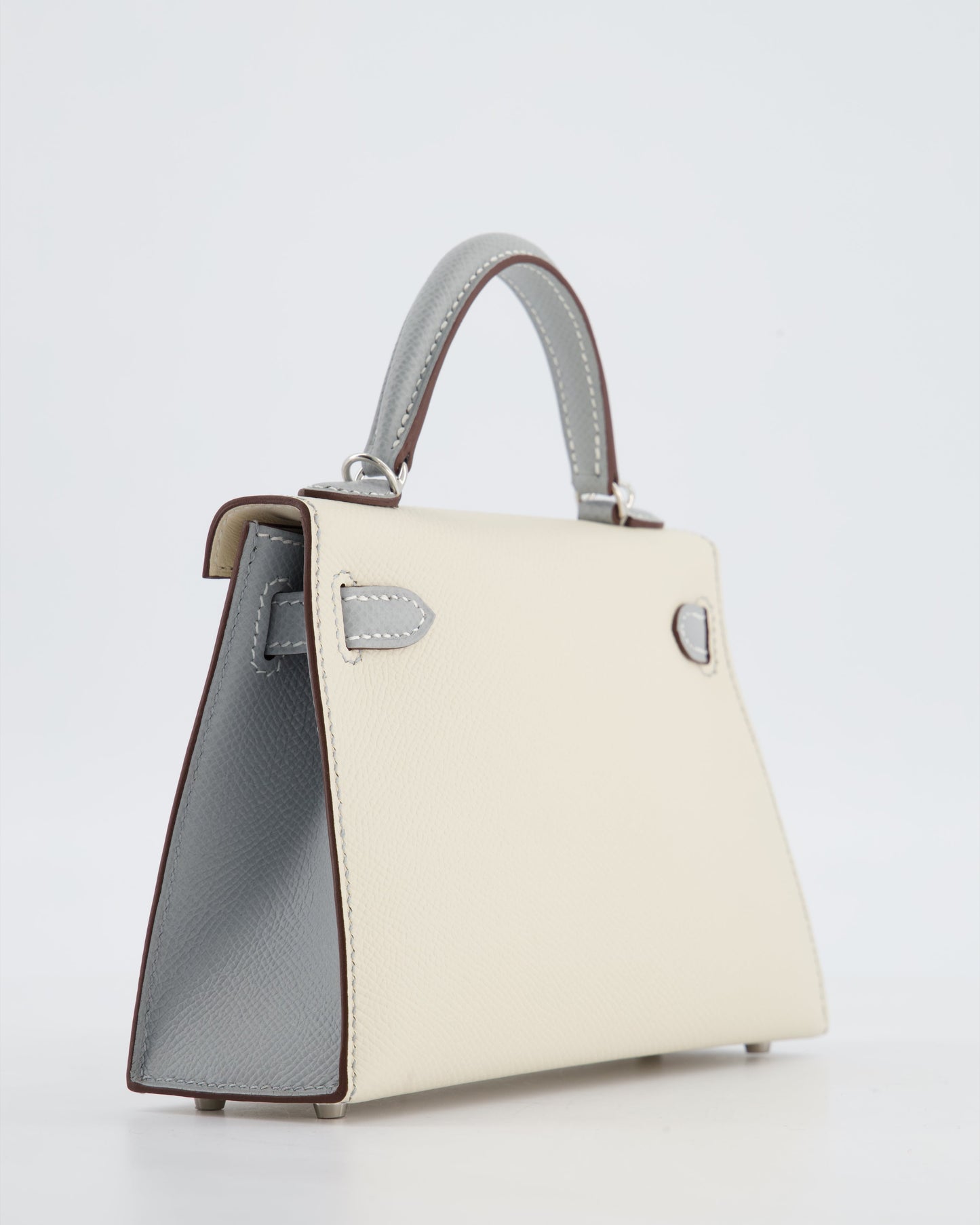 *SUPER RARE* Herm�s HSS Mini Kelly II 20 Bag in Craie & Bleu Glacier Epsom Leather with Contrast Stitching and Palladium Hardware
