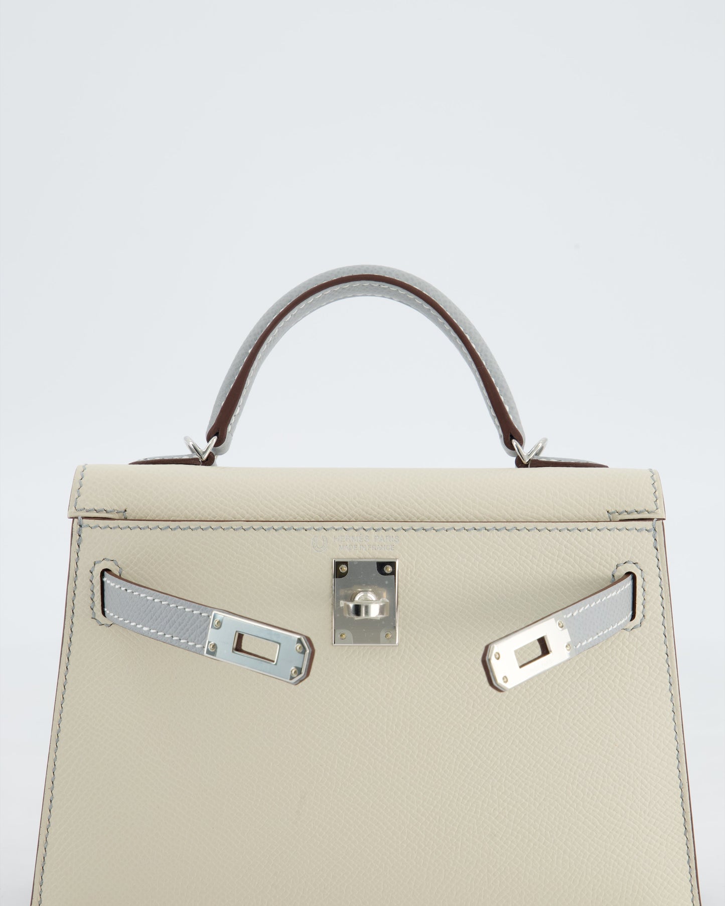 *SUPER RARE* Herm�s HSS Mini Kelly II 20 Bag in Craie & Bleu Glacier Epsom Leather with Contrast Stitching and Palladium Hardware