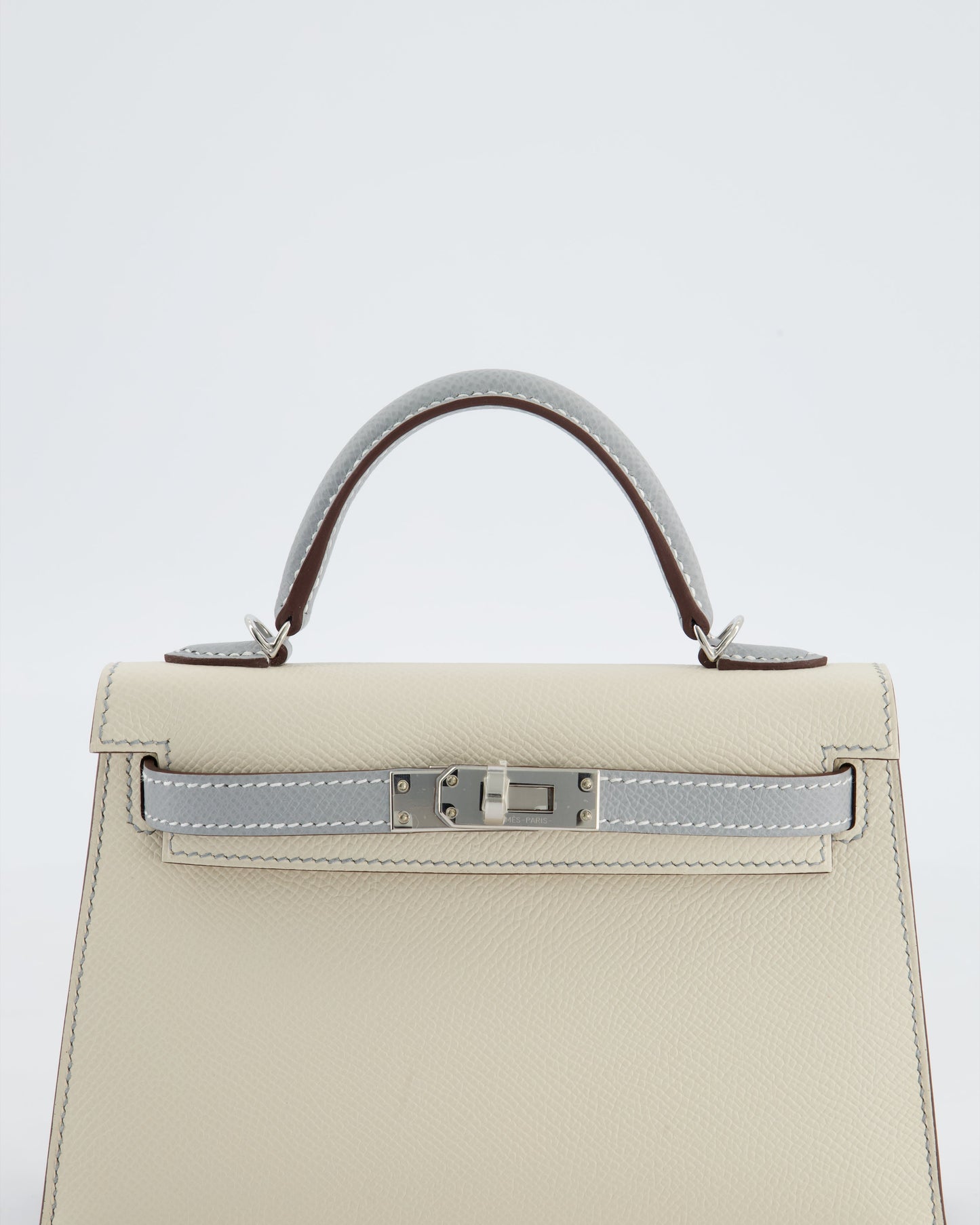 *SUPER RARE* Herm�s HSS Mini Kelly II 20 Bag in Craie & Bleu Glacier Epsom Leather with Contrast Stitching and Palladium Hardware
