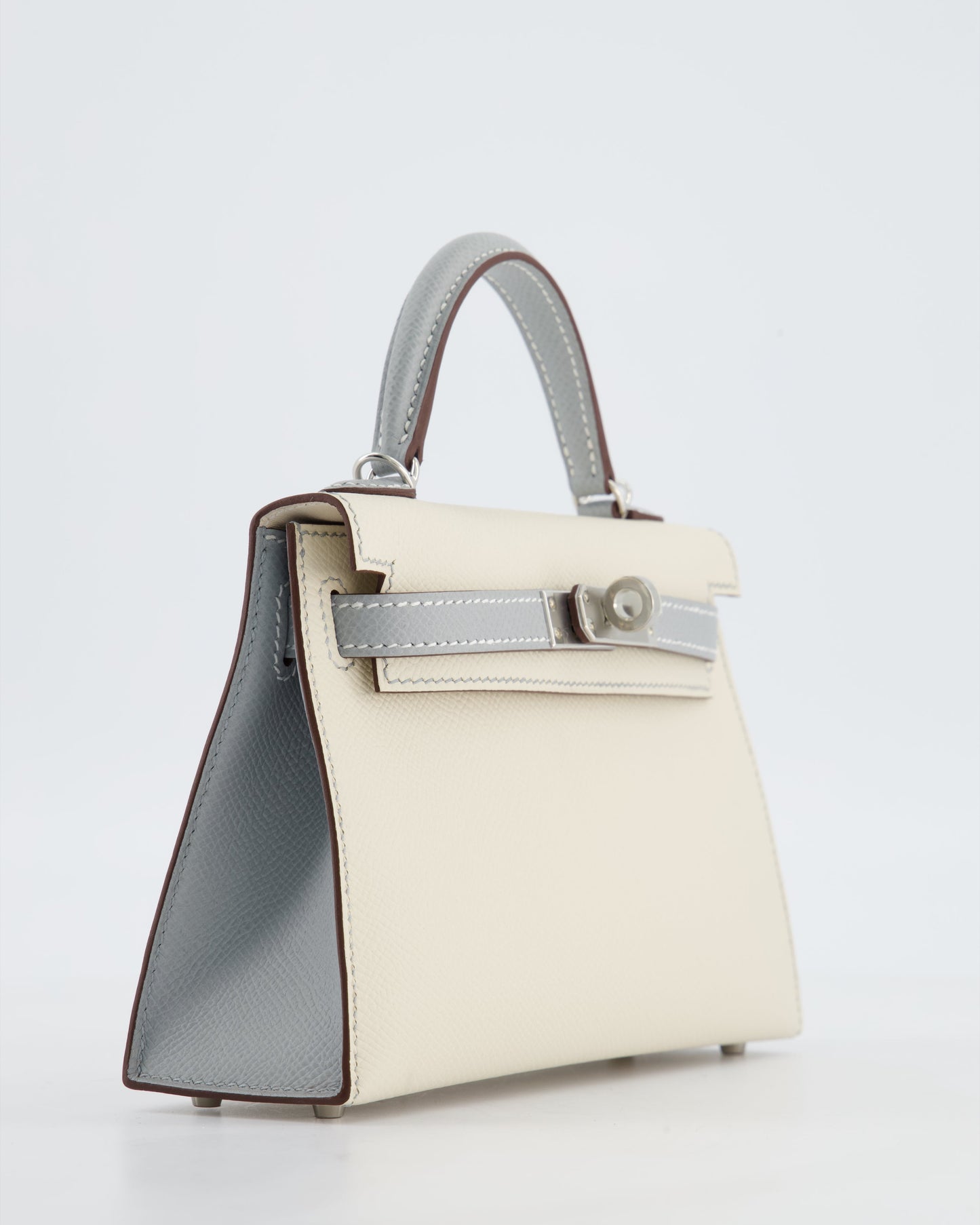 *SUPER RARE* Herm�s HSS Mini Kelly II 20 Bag in Craie & Bleu Glacier Epsom Leather with Contrast Stitching and Palladium Hardware