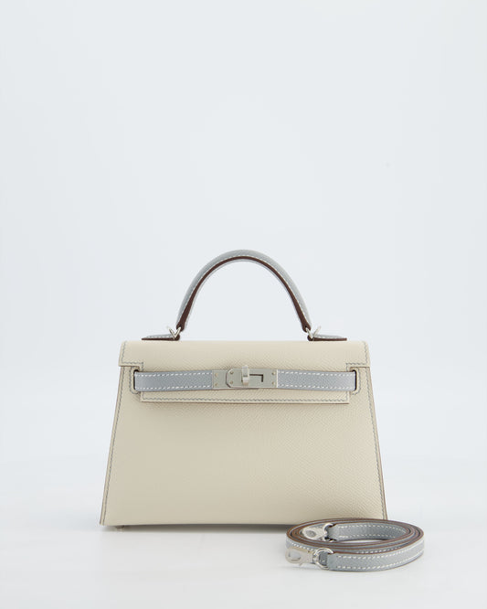 *SUPER RARE* Herm�s HSS Mini Kelly II 20 Bag in Craie & Bleu Glacier Epsom Leather with Contrast Stitching and Palladium Hardware