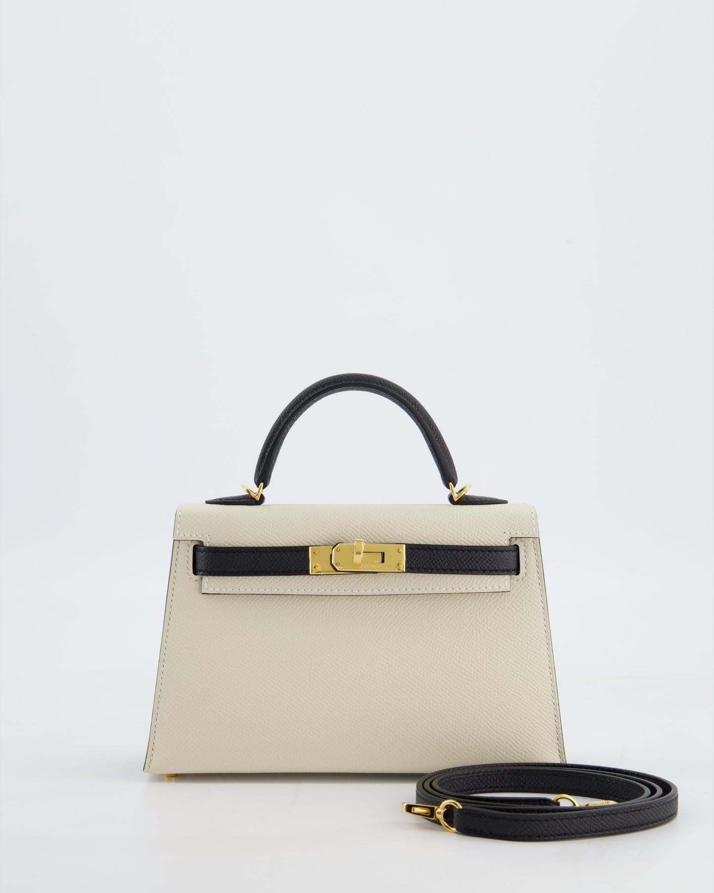 *SUPER RARE* Herm�s HSS Mini Kelly II 20 Bag in Craie & Noir Epsom Leather with Tone On Tone Stitching and Gold Hardware
