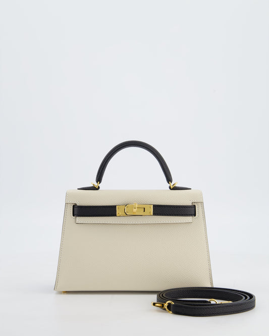 *SUPER RARE* Herm�s HSS Mini Kelly II 20 Bag in Craie & Noir Epsom Leather with Tone On Tone Stitching and Gold Hardware
