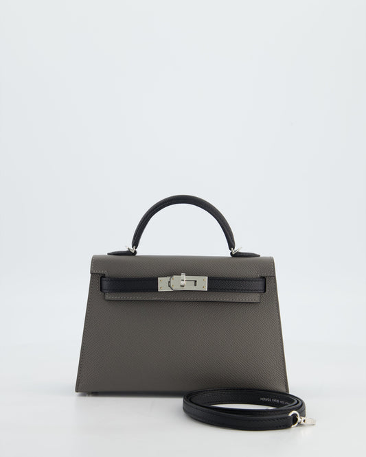 *SUPER RARE* Herm�s HSS Mini Kelly II 20 Bag in Gris Meyer & Black Epsom Leather and Palladium Hardware